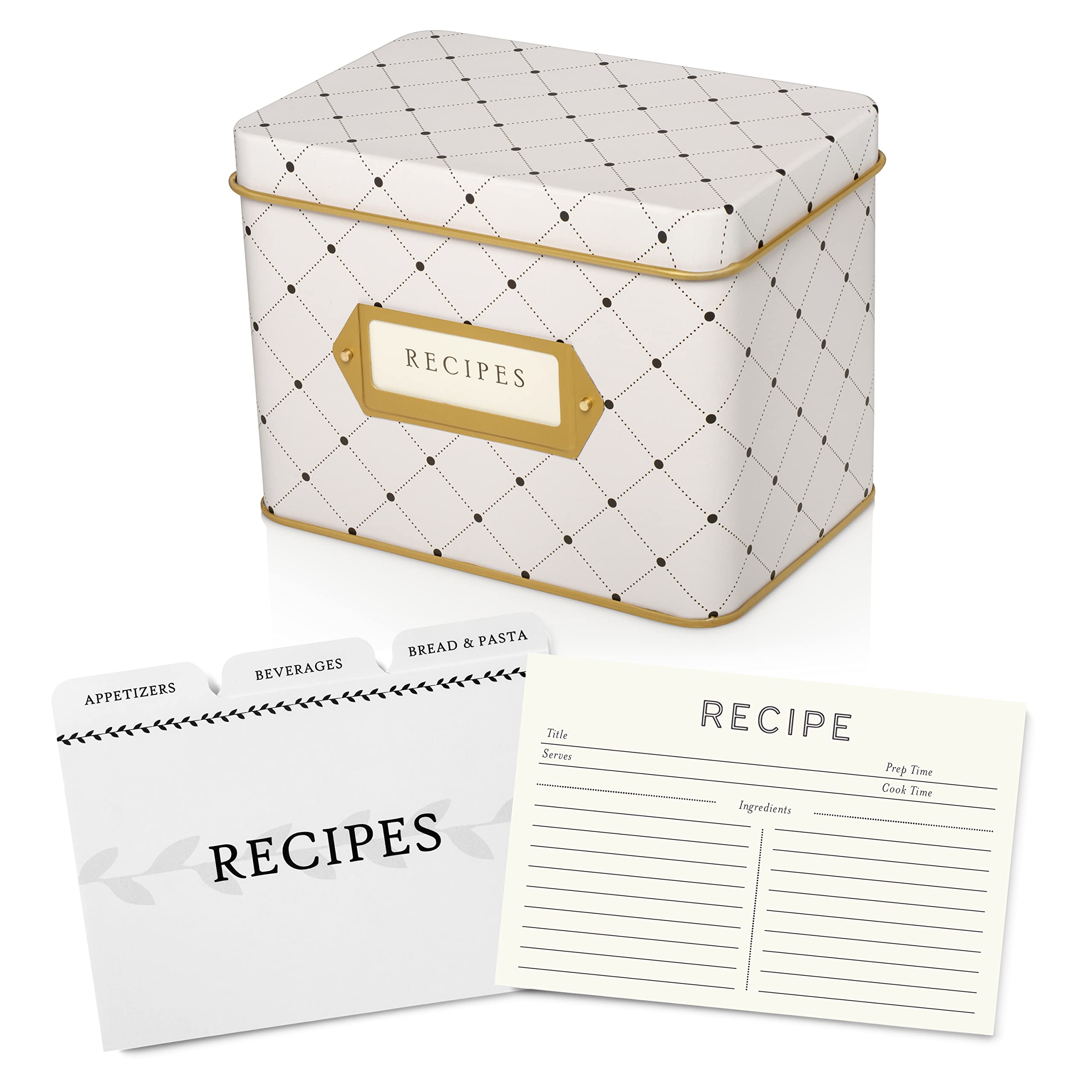 Jot & Mark Recipe Card Gift Box, 50 4X6 Inch Cards, 14 Dividers, Decorative Tin Box, Floral Pattern