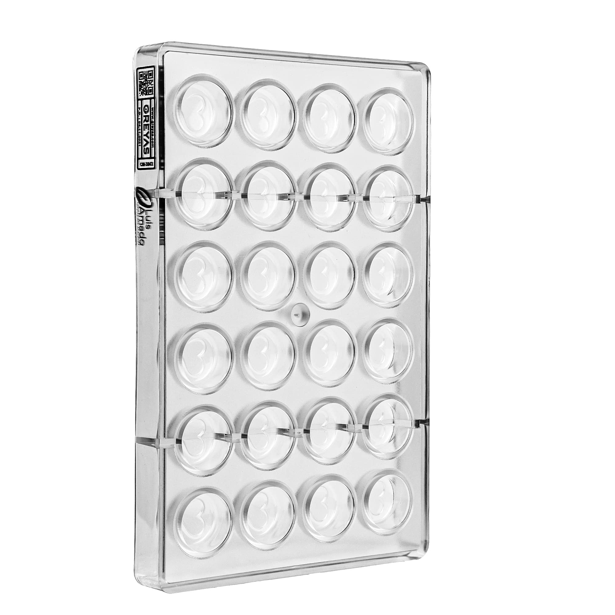 Greyas Cm 3843 Louis Amado Clear Polycarbonate Chocolate Mold Candy Mould With 24 Heart-Cylinder Cavities, Each 30Mm Diameter X