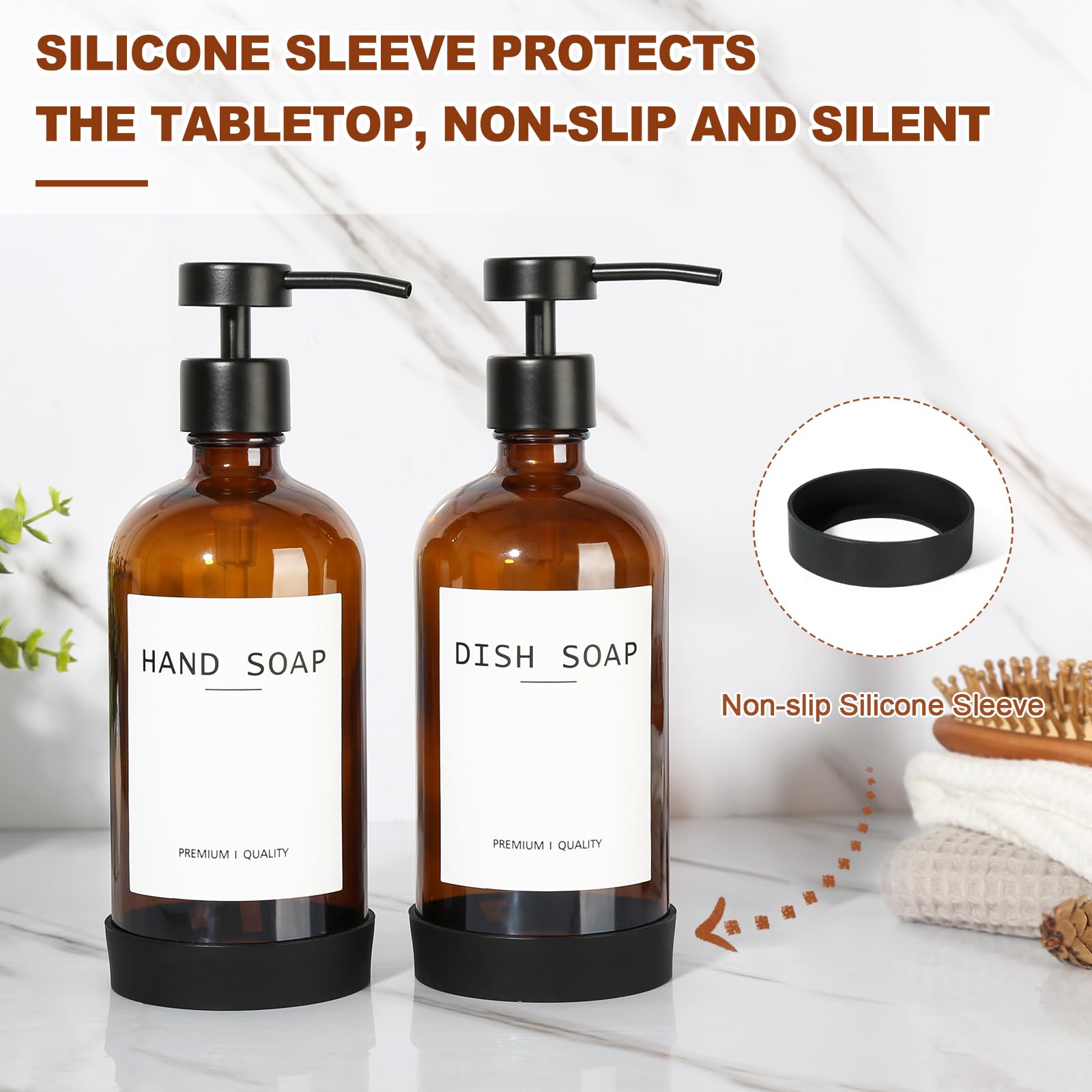 Rytoxilo Amber Glass Soap Dispenser 2 Pack, Bathroom Hand Soap Dispenser With Stainless Steel Pump, 16 Oz Kitchen Hand And Dish