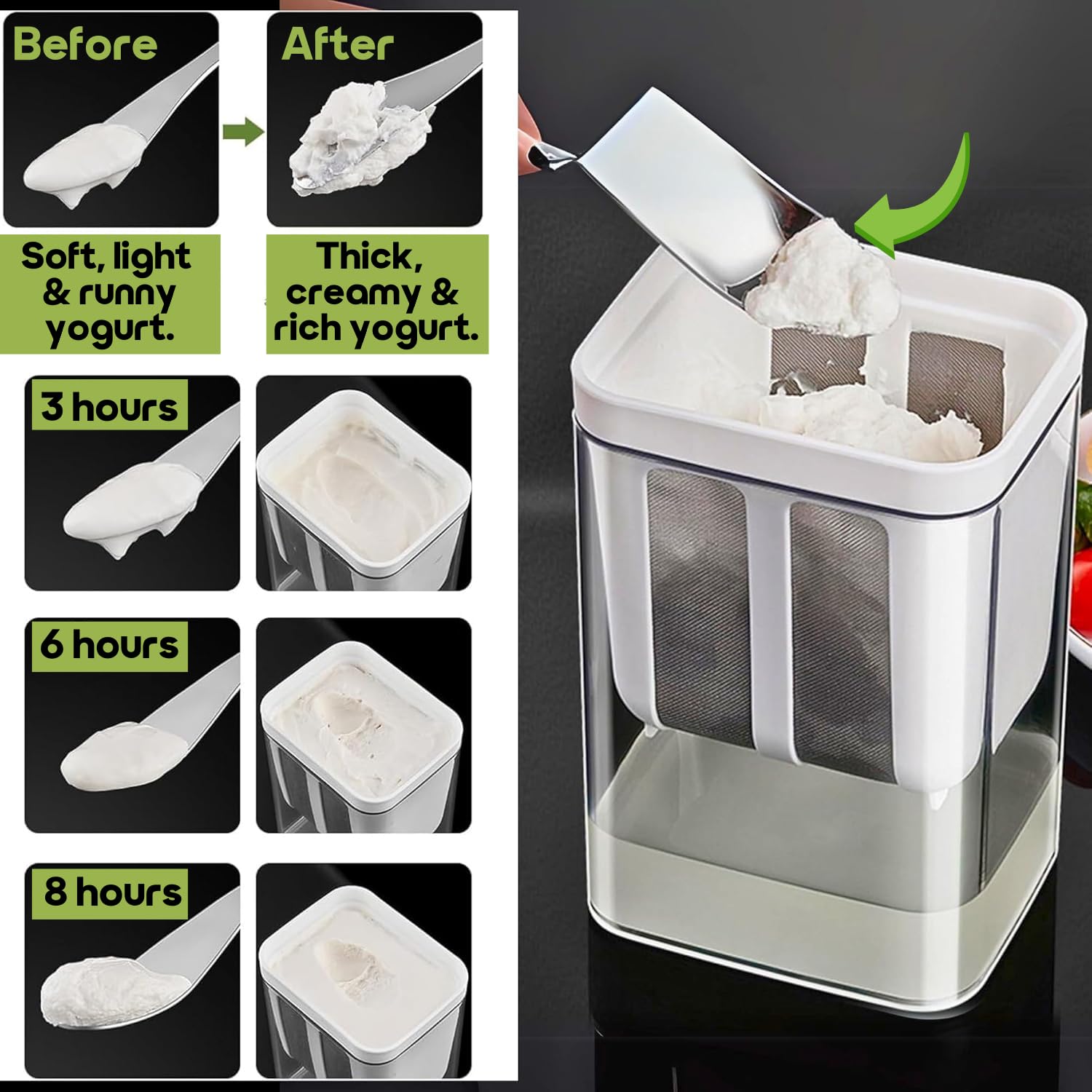 Instacuppa Greek Yogurt Strainer, 1100Ml Multi Yoghurt Maker Strainer With Fine Mesh Bag & Lid For Thick Greek Yogurt, Soybean M