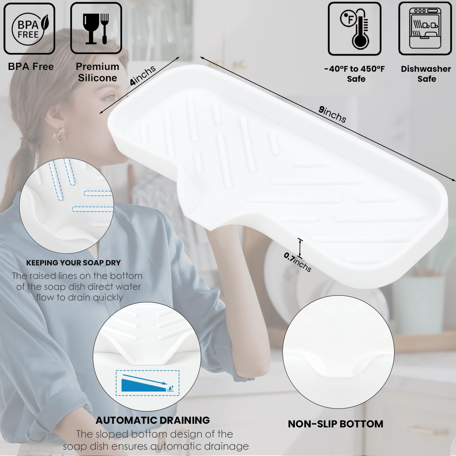 Silicone Bathroom Soap Dishes, Sponge Holder For Kitchen Sink, Shower Soap Holder With Drain, Soap Dispenser Tray, Soap Dish For