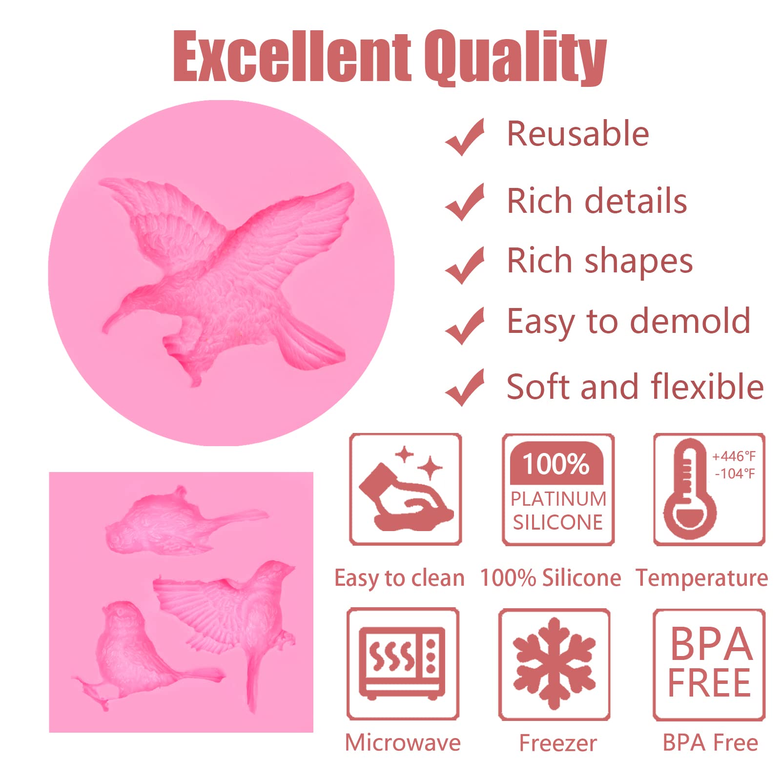 3D Bird Fondant Silicone Molds 4 Pcs, Eagle Silicone Mold For Cake Decoration Candy Cupcake Topper Resin Polymer Clay Crafts