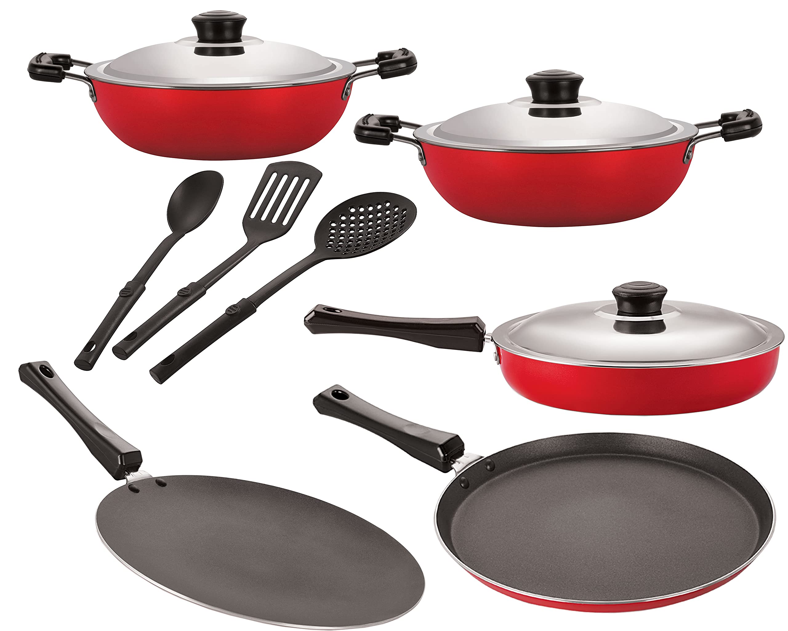 Nirlon Gas Compatible Non Stick Aluminium Cookware (Red, 2.6, Ft12, Ct12, Dkd, B, Dkd, M, Festival, Fp12_3 Spoon) Set Of 8 Piec