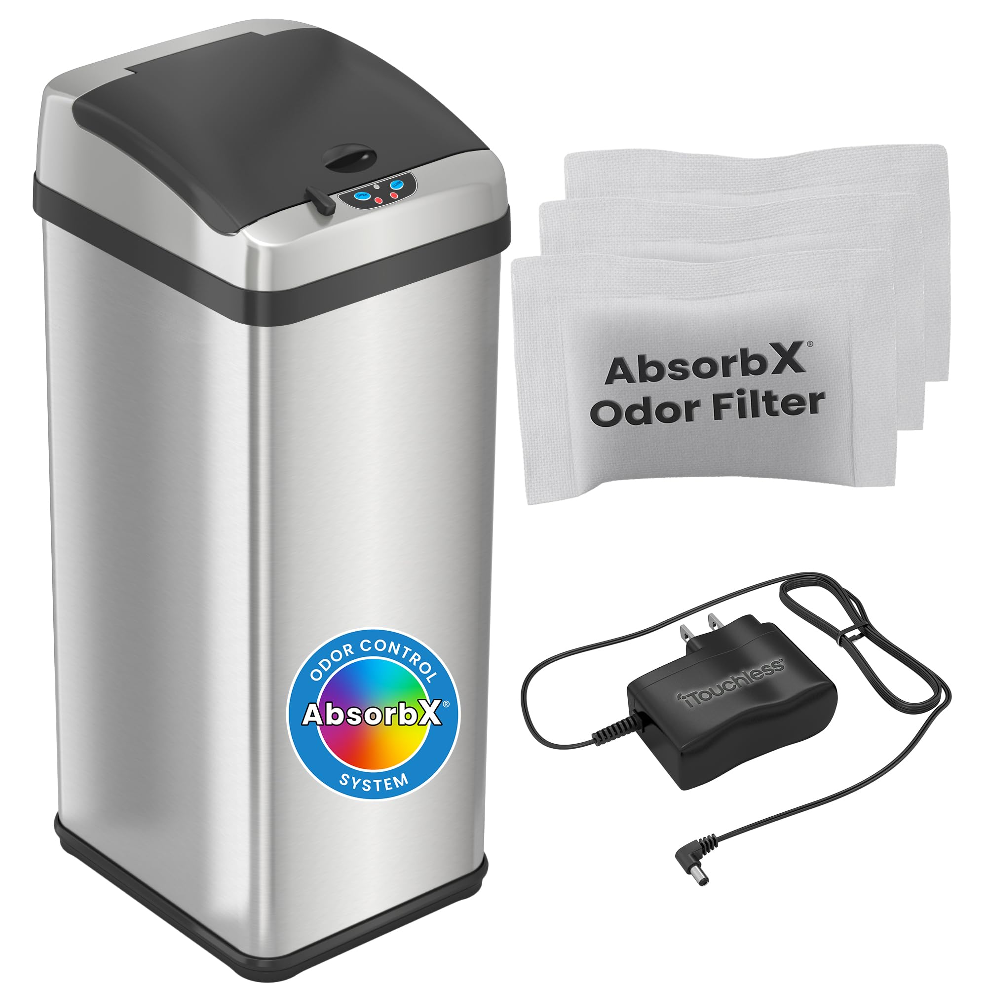 Itouchless Touchless Trash Can With Ac Adapter, 3 Odor Filters Big Lid Opening Sensor Kitchen Garbage Bin, 13 Gallon, Stainless
