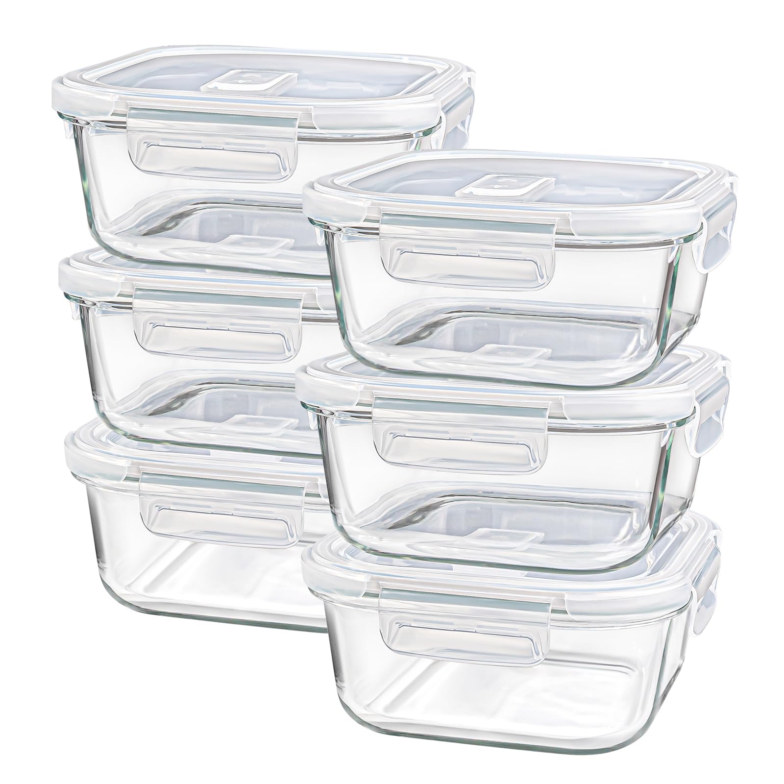 Susukkie Square Glass Containers with Lids, 3 cup/24 oz, 6 Pack