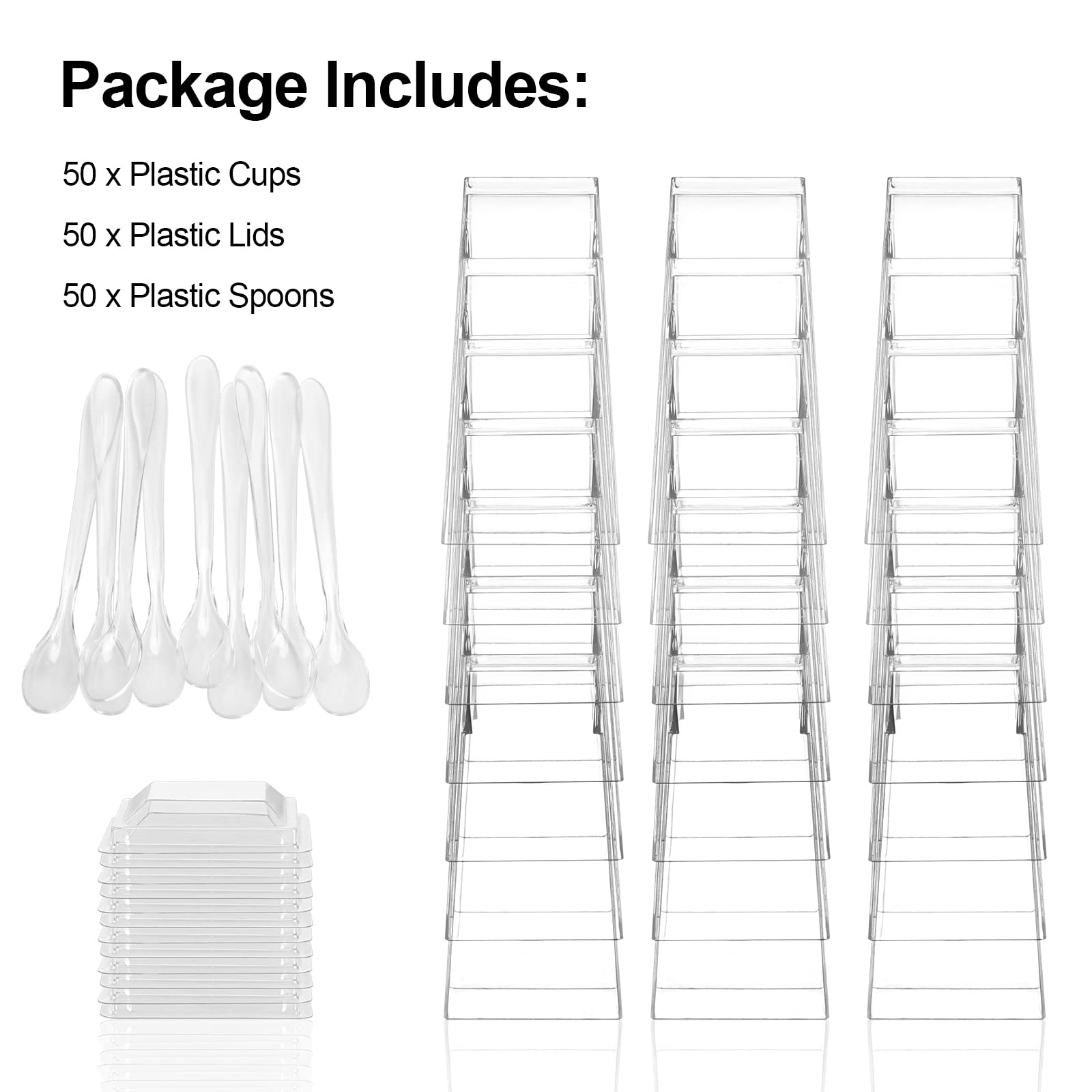 Easercy 50 Pack 3 Oz Square Mini Dessert Cups With Lids And Spoons Clear Dessert Shooter Cups With Spoons Parfait Cups With Lids