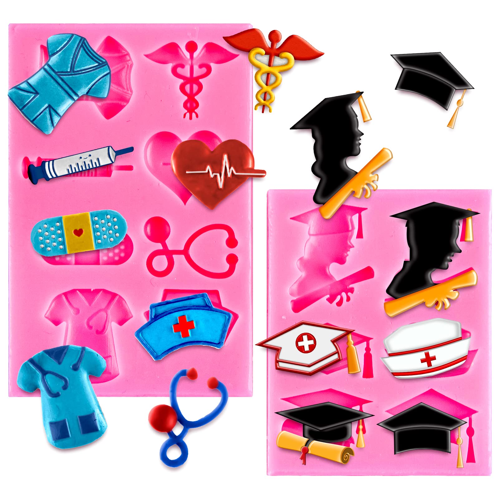 Whaline 2 Pack Nurse Graduation Themed Fondant Molds Silicone Doctor Nurse Grad Hat Medical Equipment Candy Mould Congrats Grad