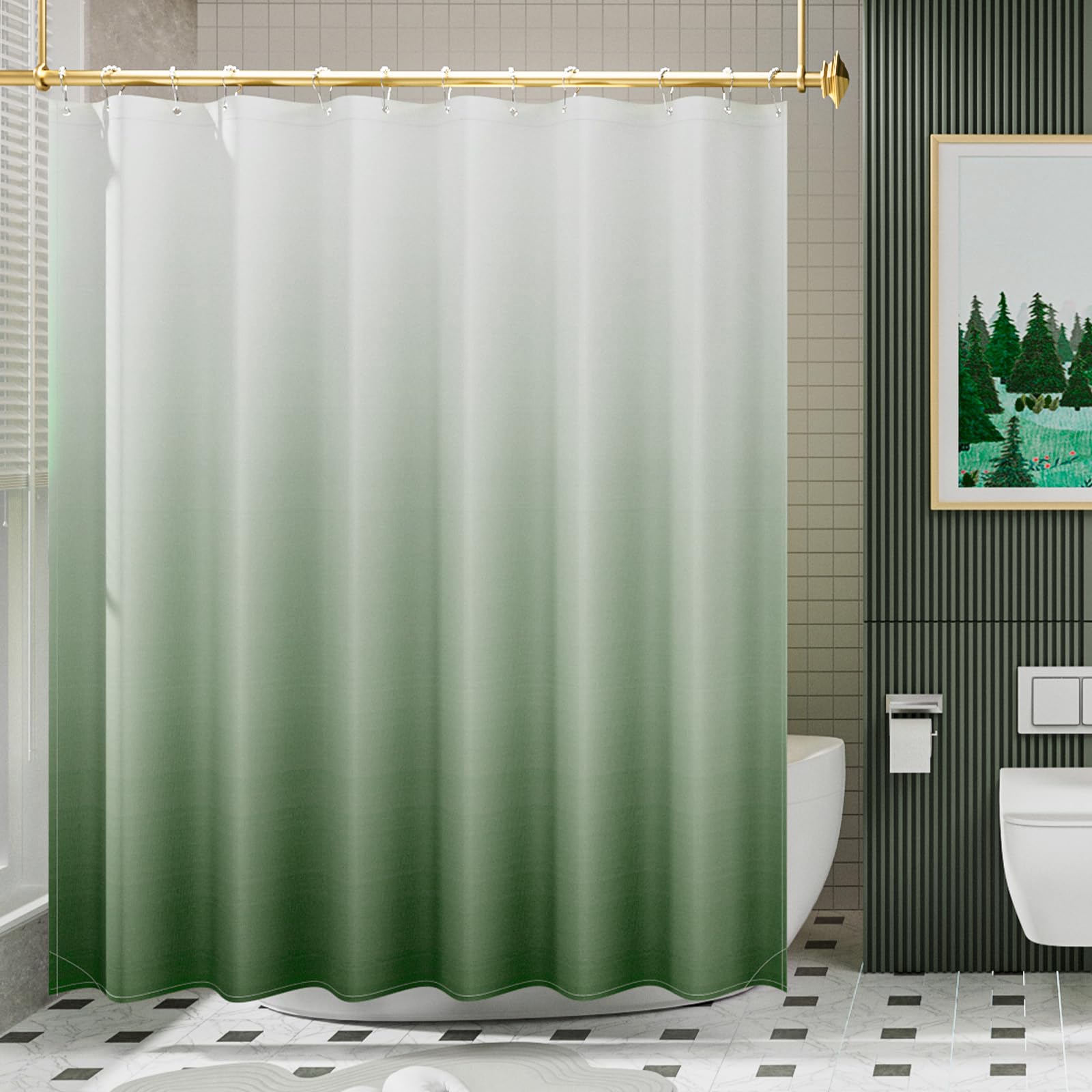 Amazerbath Fabric Shower Curtain Set, Ombre Grass Green Shower Curtain With 12 Shower Curtain Hooks, Rustic Cloth Green And Whit