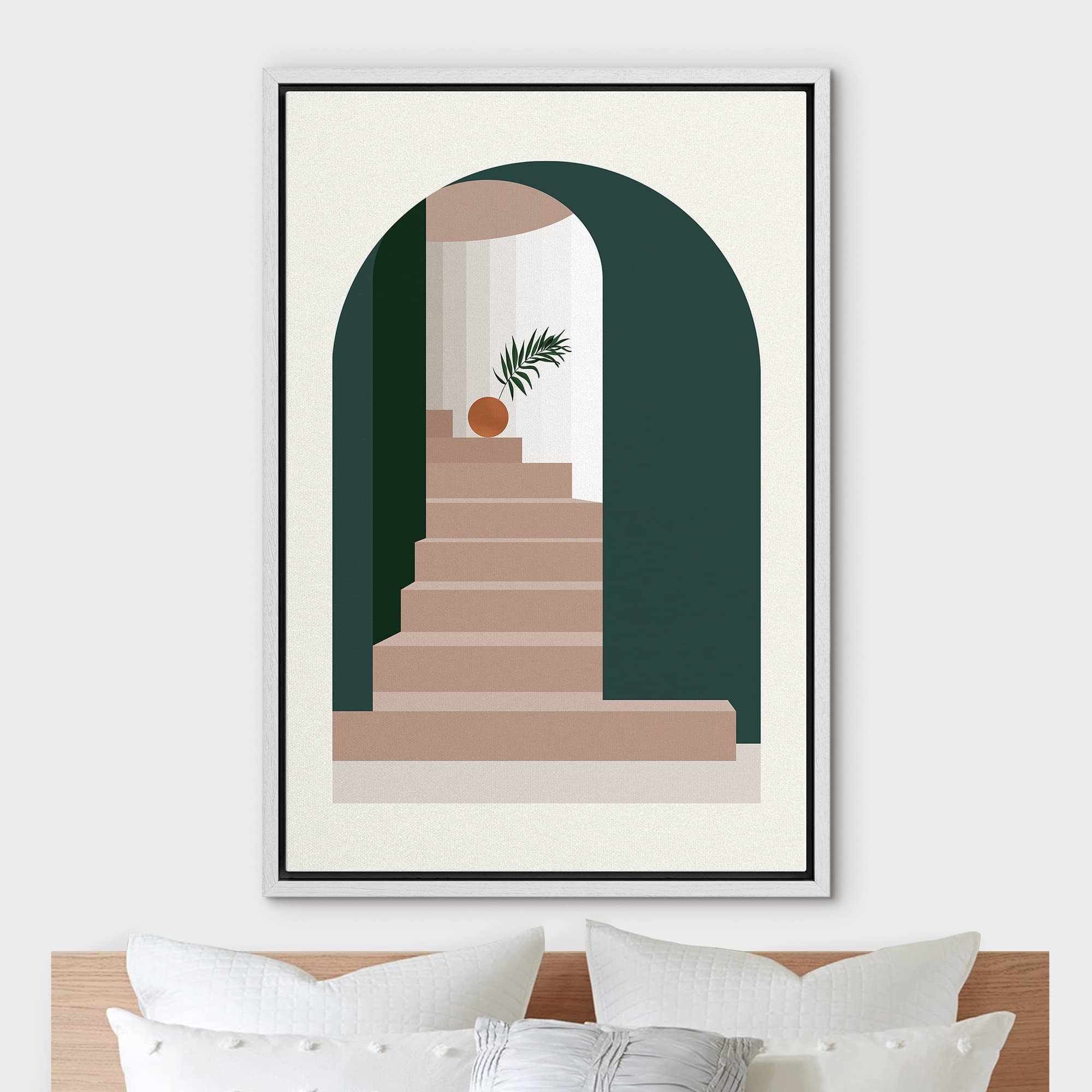 Nwt Framed Canvas Print Wall Morandi Colour Illustrations Arch Are View Room With Staircase & Palm Leaf Geometric Shapes Illustr