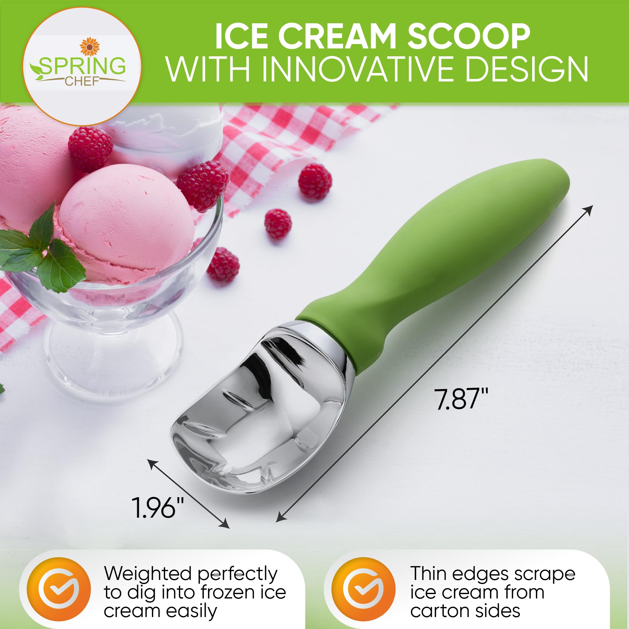 Spring Chef Green Heavy Duty Ice Cream Scoop With Non-Slip Handle, Professional Metal Ice Cream Scooper, Dishwasher Safe Ice Cre