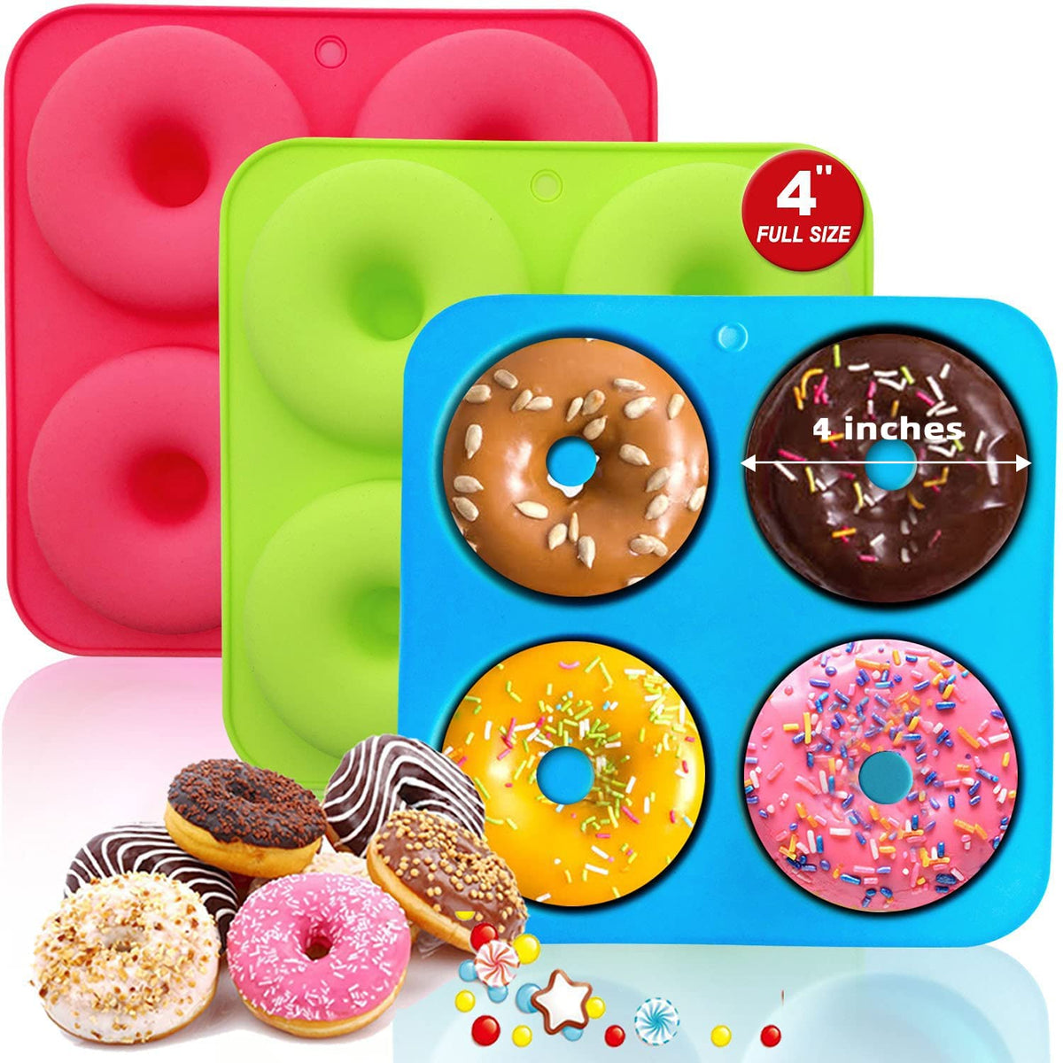 Walfos Full Size Silicone Donut Mold - 4 Inch Big Size Silicone Doughnut Pan Set, Non-Stick, Just Pop Out! Heat Resistant, Bpa F