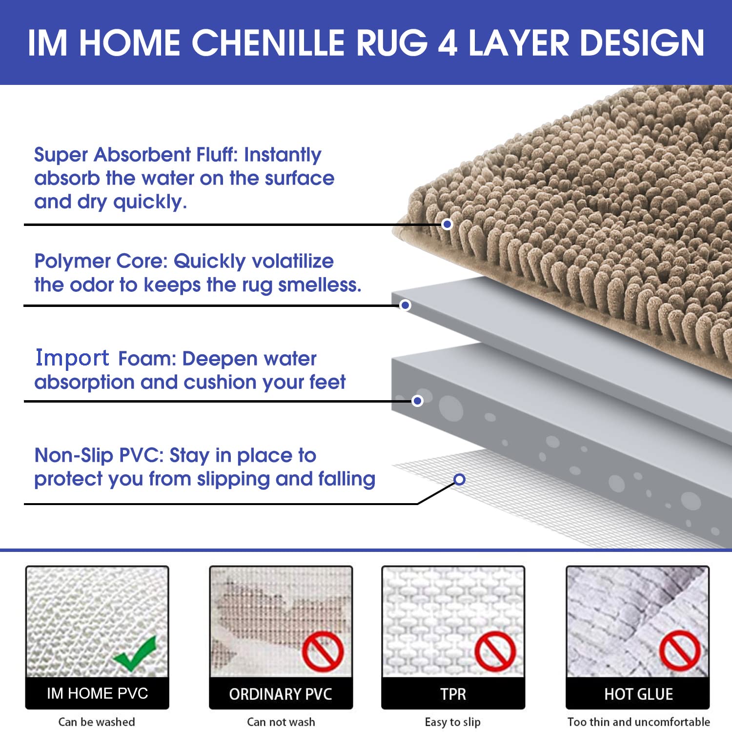 Accumtek Striped Dark Beige Bathroom Rug Mat 36''X24'' Ultra Soft, Non Slip Chenille Bath Rugs, Absorbent Plush Shaggy Bath Mats