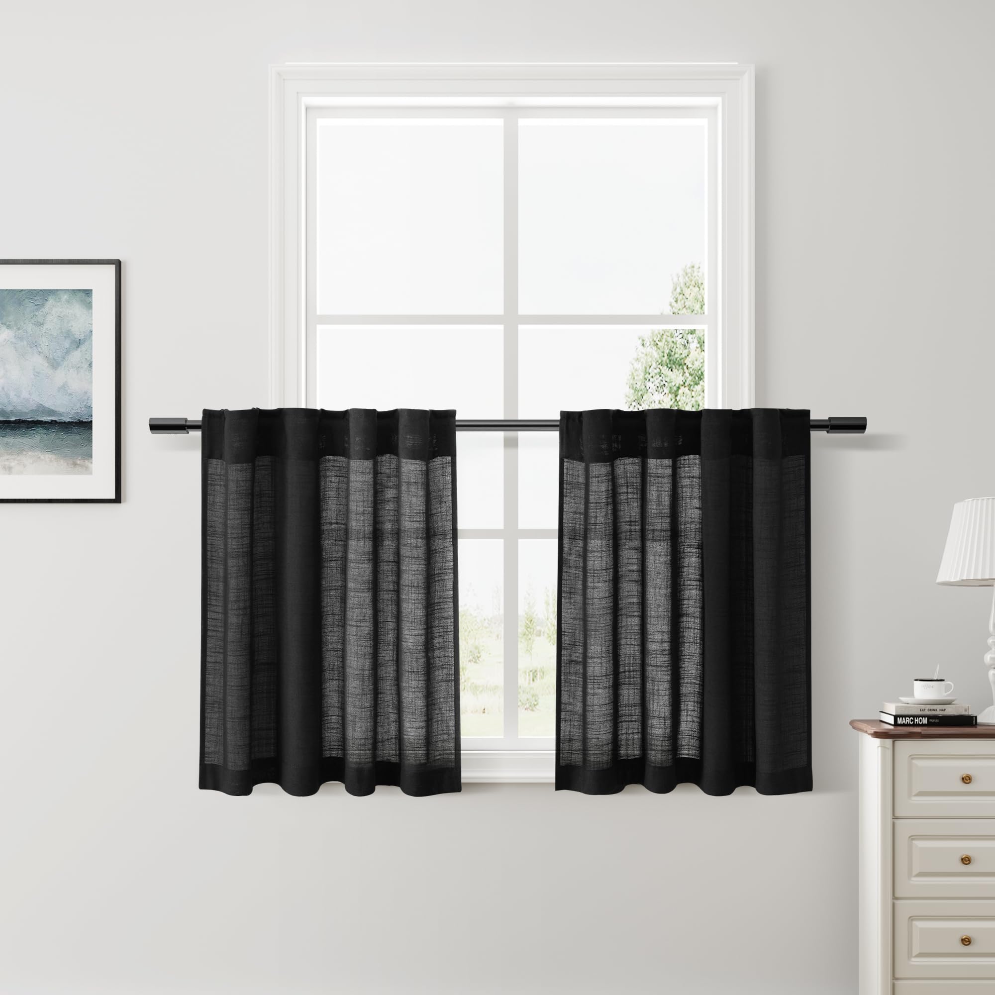 Nanspring Black Linen Curtains 24 Inch Length for Cafe Kitchen Small Windows Privacy Linen Blend Light Filtering Back Tab and Ro