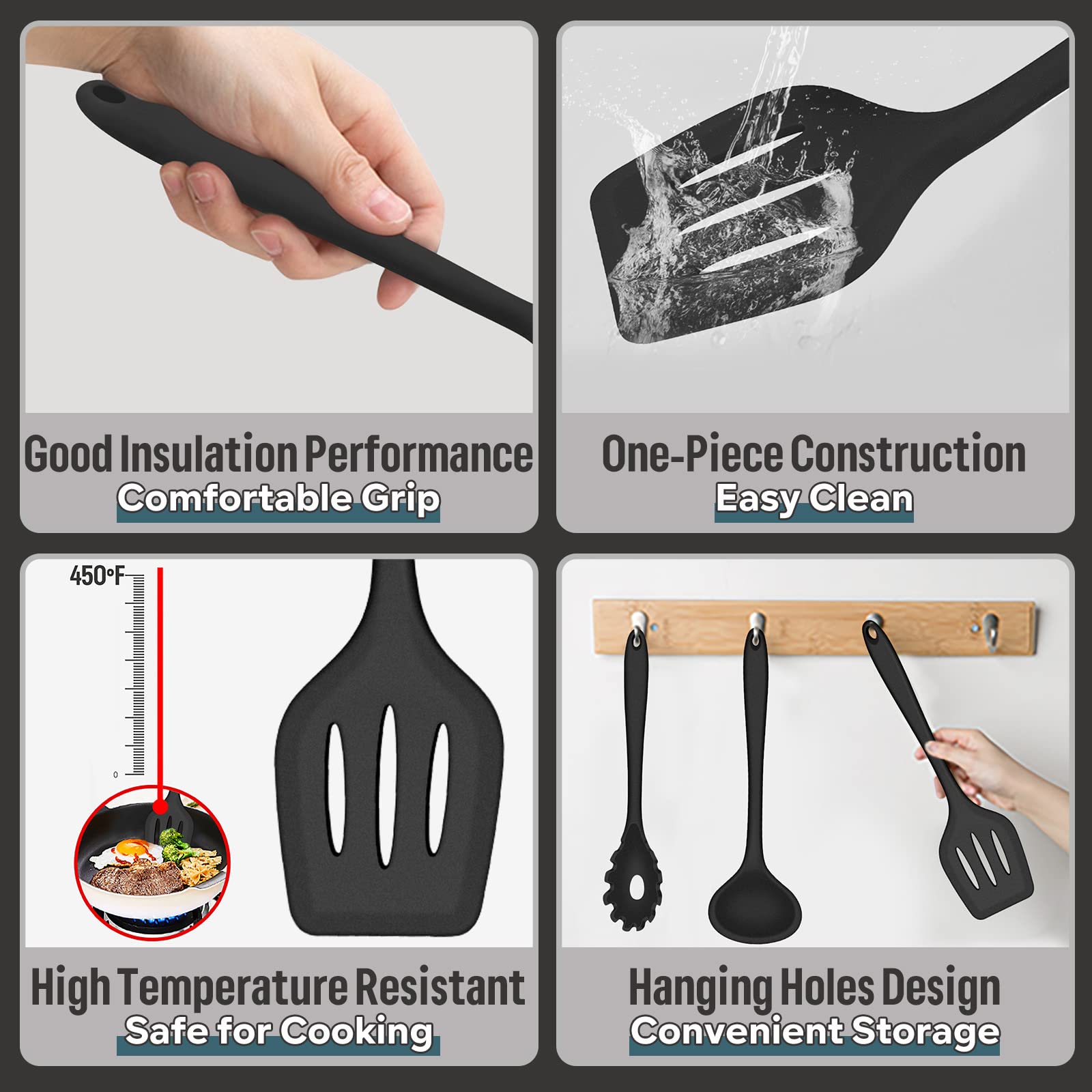 E-Far Silicone Cooking Utensils Set, 7-Piece Black Heat Resistant Kitchen Utensils Set, Kitchen Nonstick Tools Spatula Ladle Spo