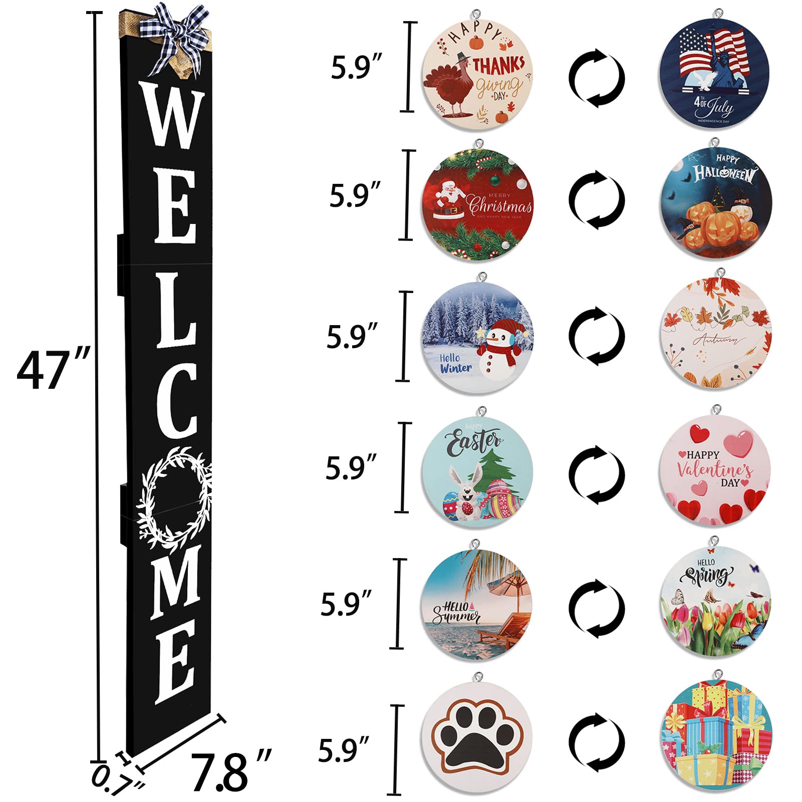 ECOGREDA Welcome Sign for Front Porch- 47inch with 12 Wooden Interchangeable Vertical Home Wall Decor(6 double sided disks), Sta