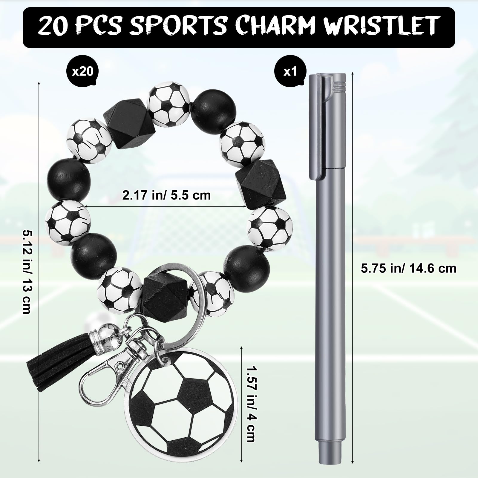 Siifert 20 Pcs Soccer Keychain Team Gifts Wood Bead Sports Charm Wristlet Bracelets For Student Back To School Coach Teacher
