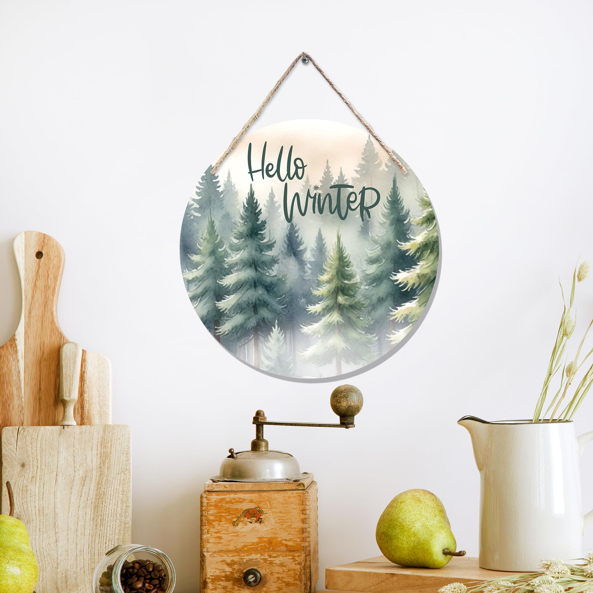CGBHW Hello Winter Welcome Forest Wooden Sign, Winter Farmhouse Pine Trees Holiday Seasonal Decoration Hanging Sign Wall Decor,