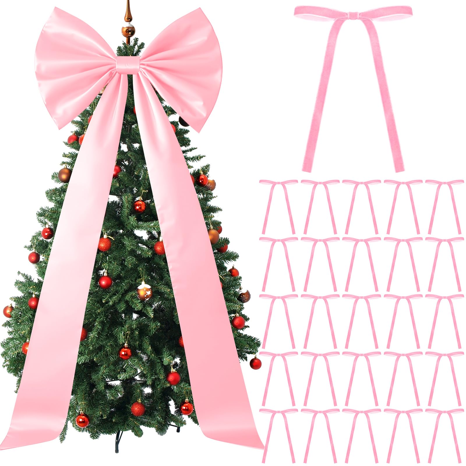 Daifunli 71 x 20 Inch Giant Pink Bow Christmas Tree Topper with 24 Pcs Velvet Christmas Bow Extra Large Xmas Tree Topper Decor f