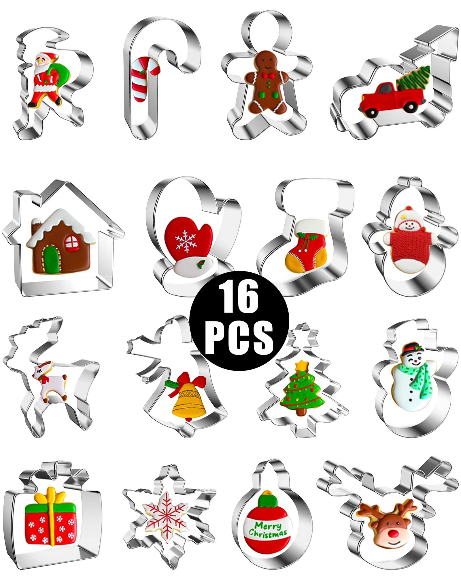 16 Pcs Christmas Cookie Cutters Winter Set With Decorating Instructions Stainless Steel Gingerbread Man Tree Snowflake Candy Can