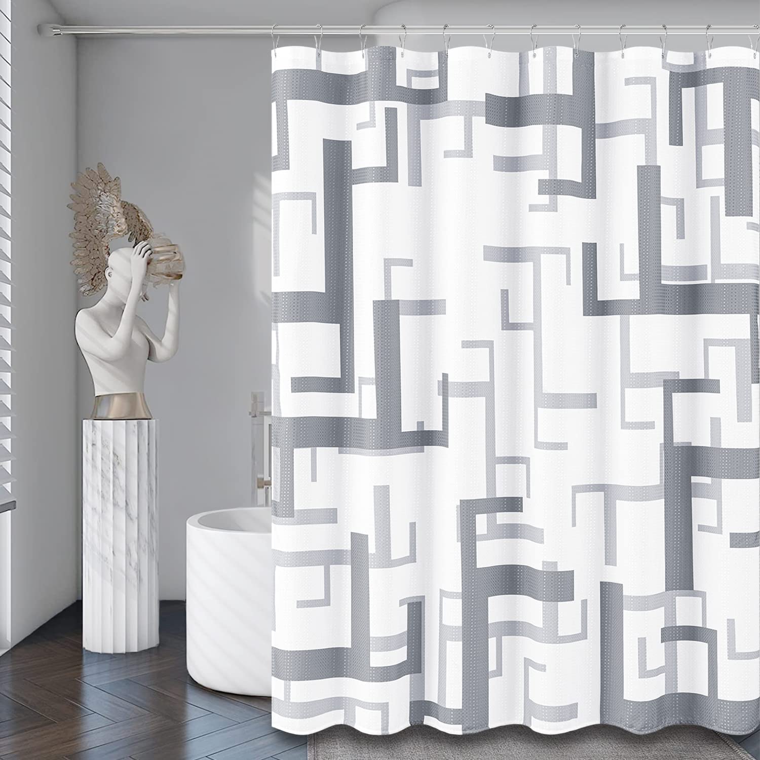 Bttn Grey/Gray Shower Curtain, Geometric Fabric Shower Curtain Set With 12 Plastic Hooks, Water Repellent, Machine Washable, Abs