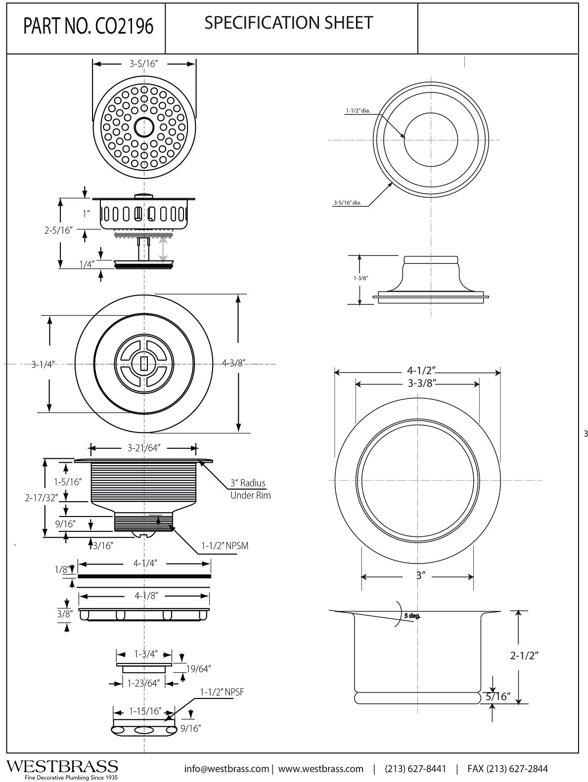Westbrass Co2196-05 Combo Pack 3-1/2'' Post Style Large Basket Strainer And Extra-Deep Collar Kitchen Sink Waste Disposal Flange