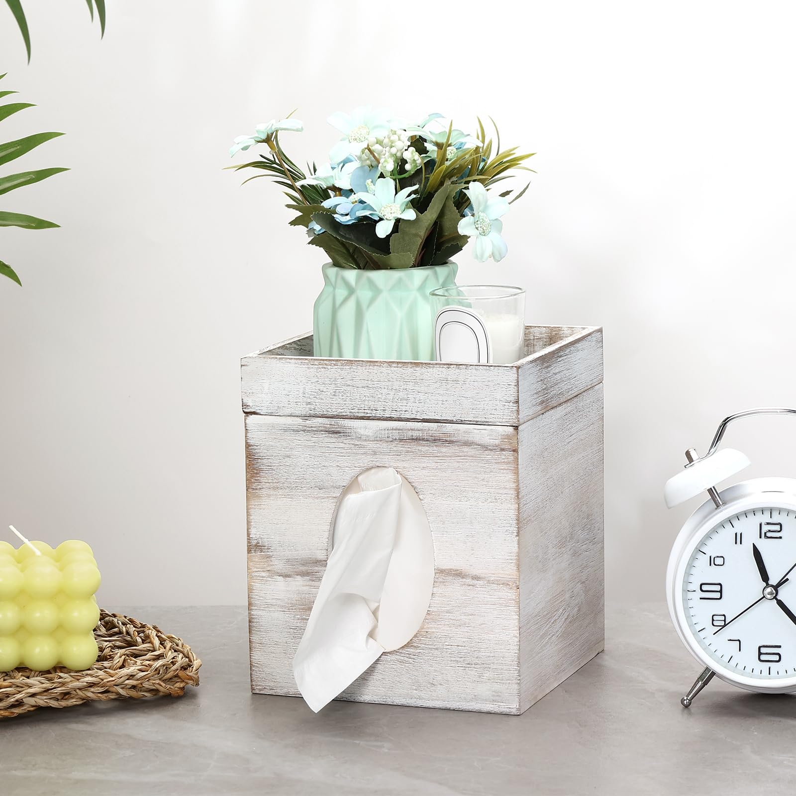 Tissue Box Cover, White Washed Solid Tissue Box Cover With Storage Tray Square Tissue Box Covers Holder For Bathroom, Bedroom, D