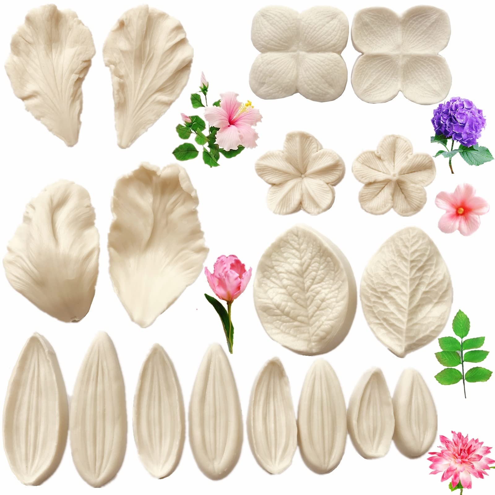 6Set Gum Paste Flower Silicone Mold - Fondant Flower Mold Sugar Paste Flower Molds For Hydrangea Dahlia Plum Blossom Tulips Hibi