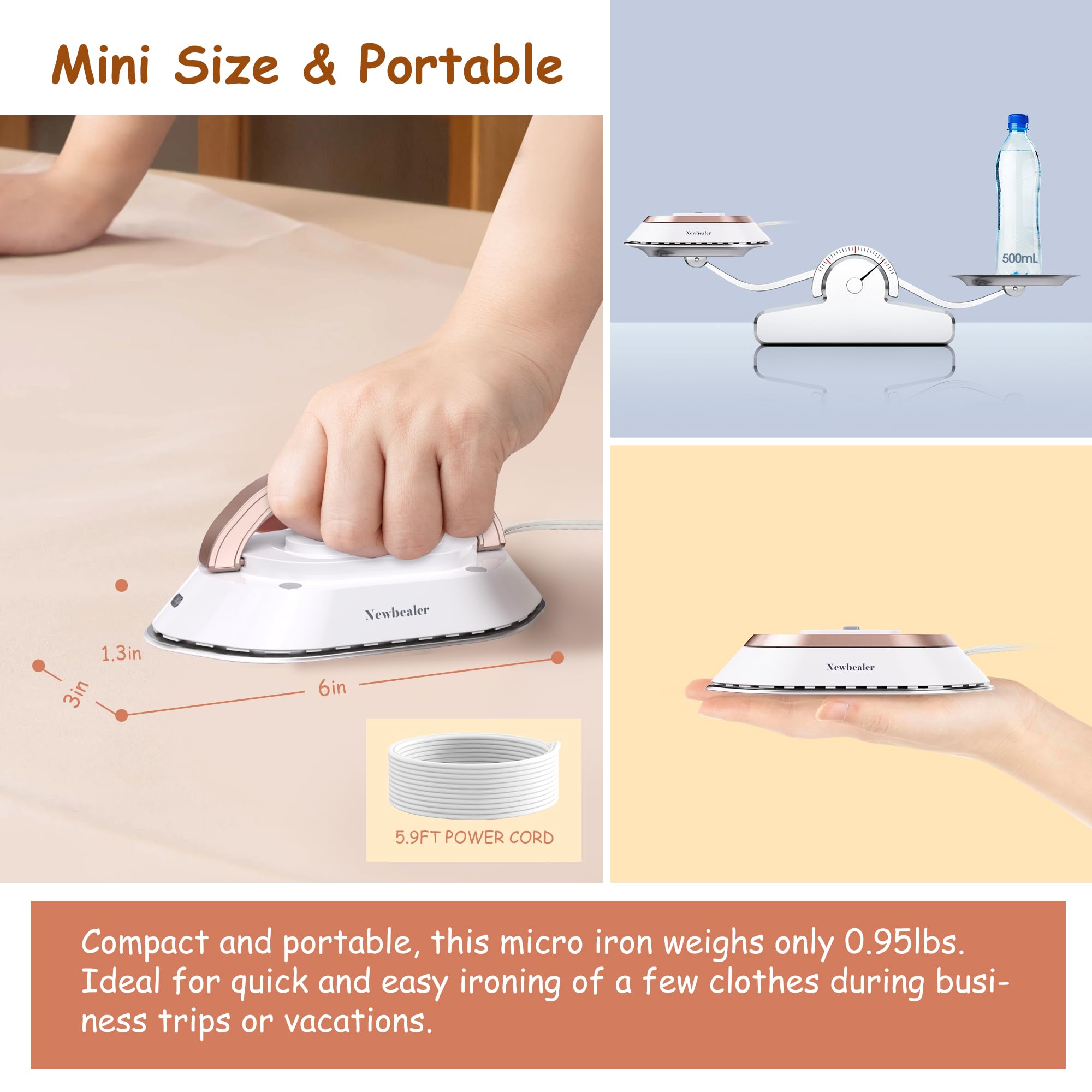 Newbealer Travel Iron With Dual Voltage - 120V/220V Mini Dry Iron For Clothes (No Steam), Non-Stick Ceramic Soleplate, 302? Heat