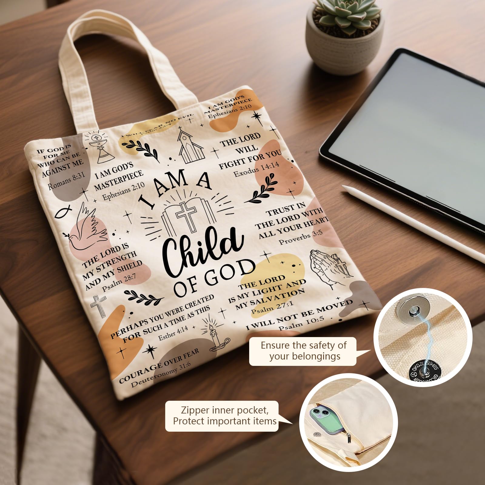 Ialtsidws Christian Aesthetic Canvas Tote Bag - I Am A Child of God & Bible Verse Print | Zippered Inner Pocket & Magnetic Sna