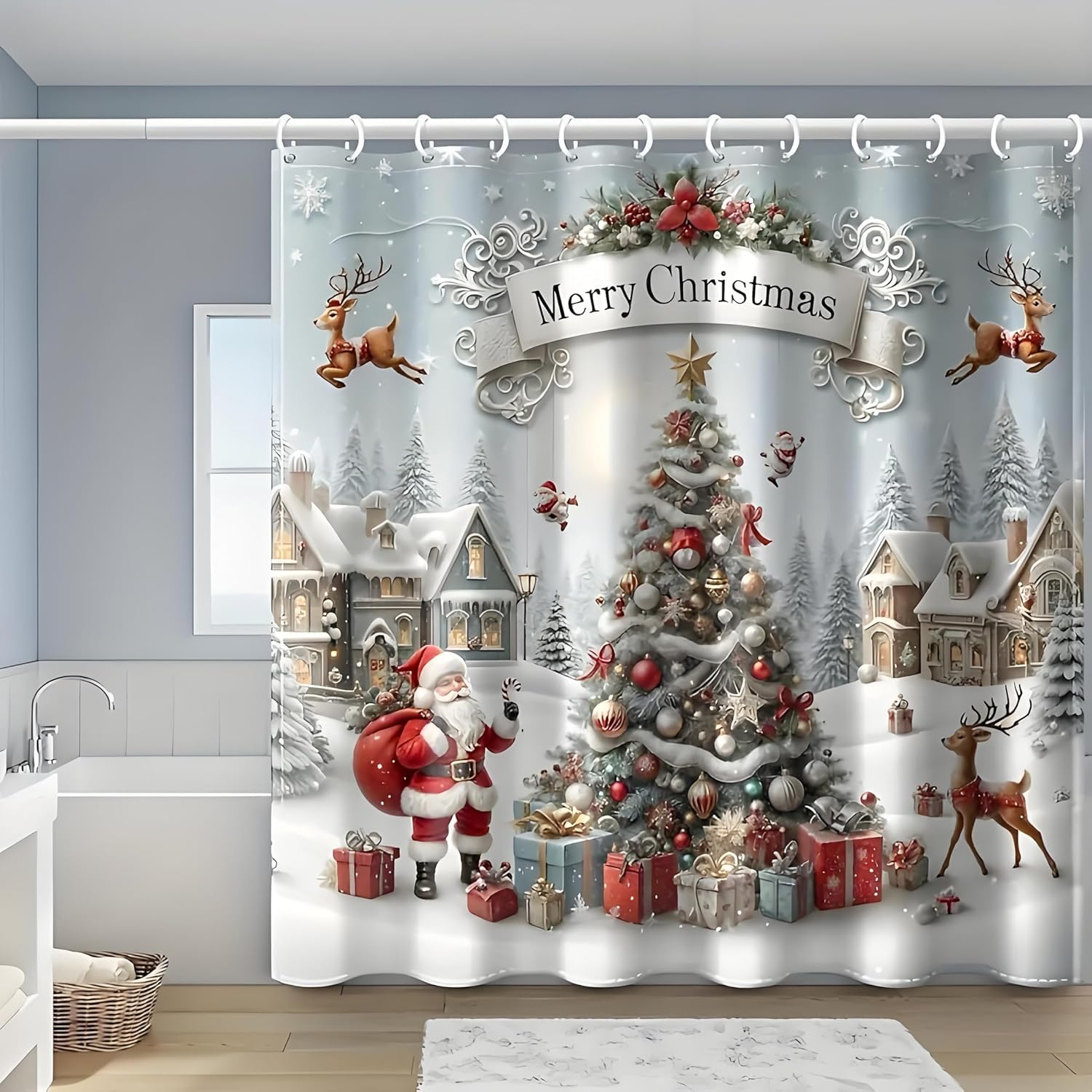 CALMDR Merry Christmas Shower Curtain Set,Santa Claus Elk Snowflake Xmas Tree Winter Snowy Scenery Washable Durable Fabric,72X72