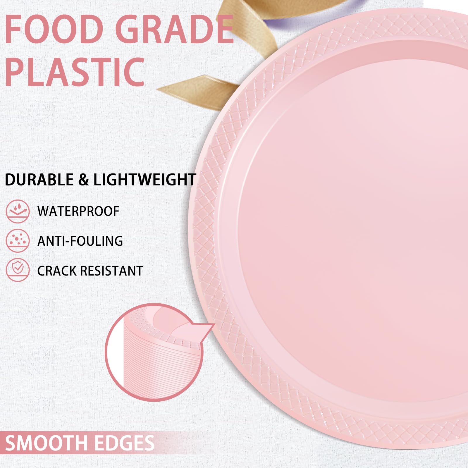 Wellife Pink Party Plates 7 Inch -150 Count, Disposable Plastic Light Pink Dessert Plates For Party Cake Valentine'S Day Easter