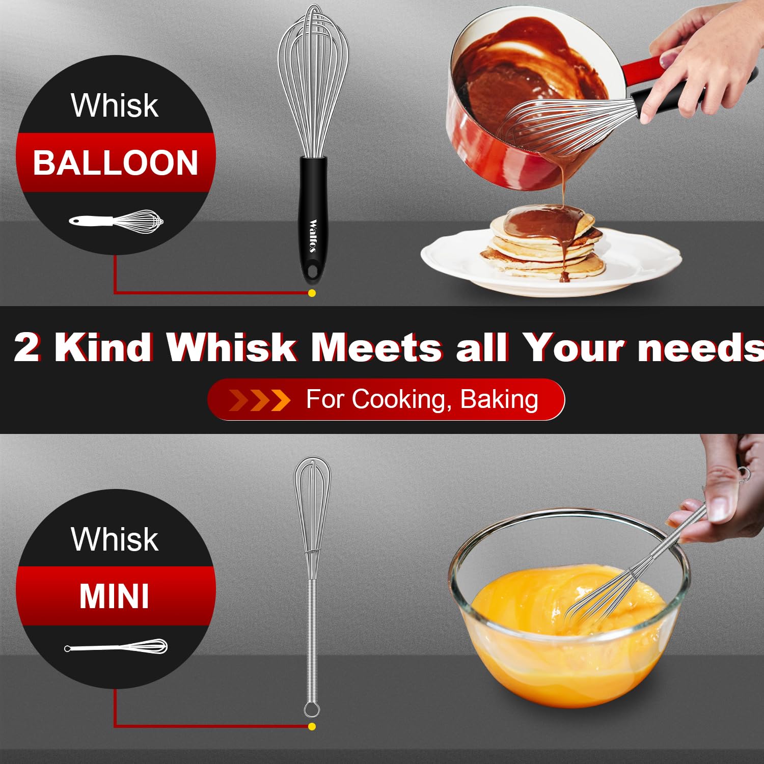 Stainless Steel Whisk Set With 7''+5'' Mini Whisks, Walfos Heavy Duty Whisks, Kitchen Wisk (7+9+11In) Premium For Whisking, Blen