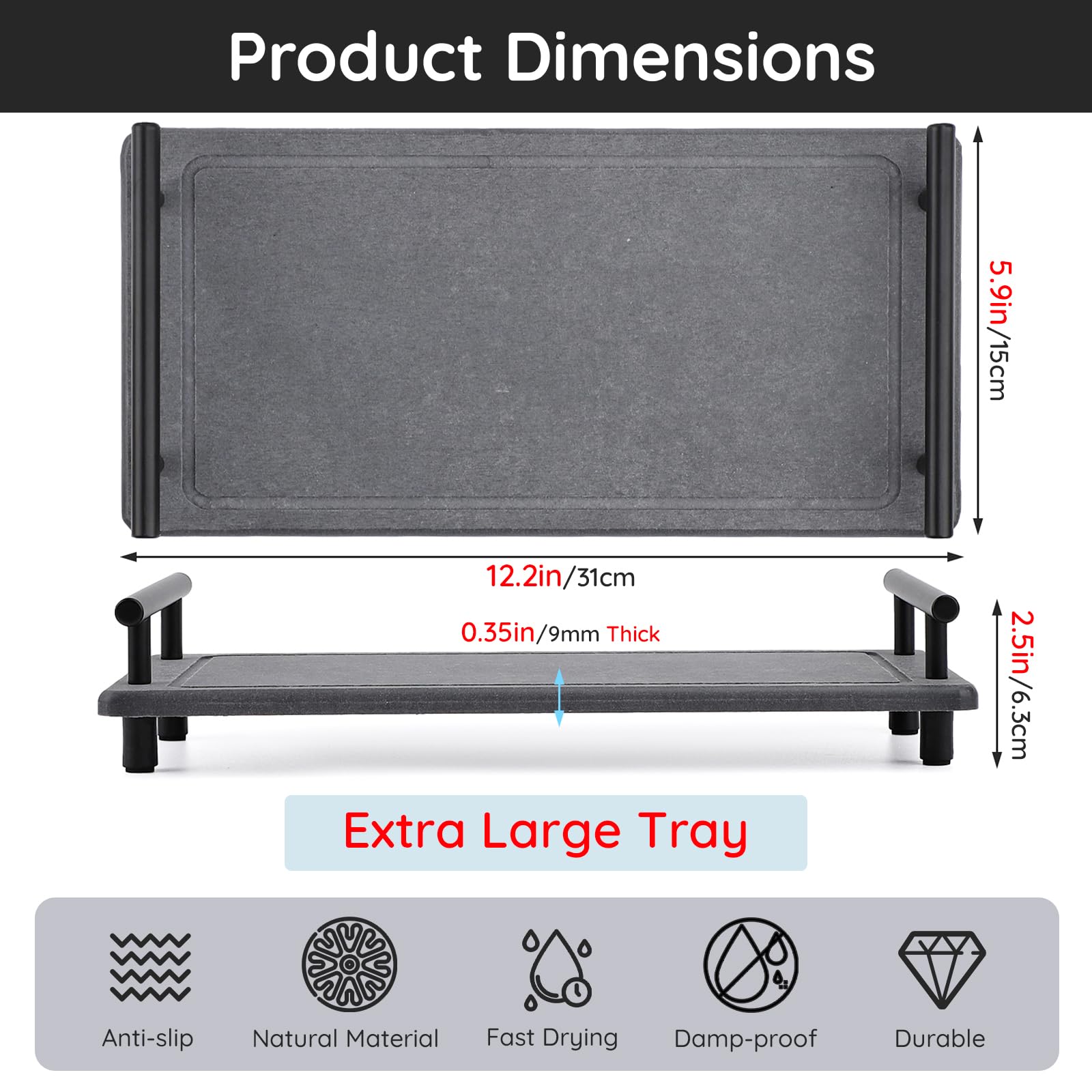 Segbeauty 12X6In Vanity Tray Large, Instant Stone Drying Tray For Bathroom Kitchen, Diatomaceous Tray Fast Dry Stone Drying Mat