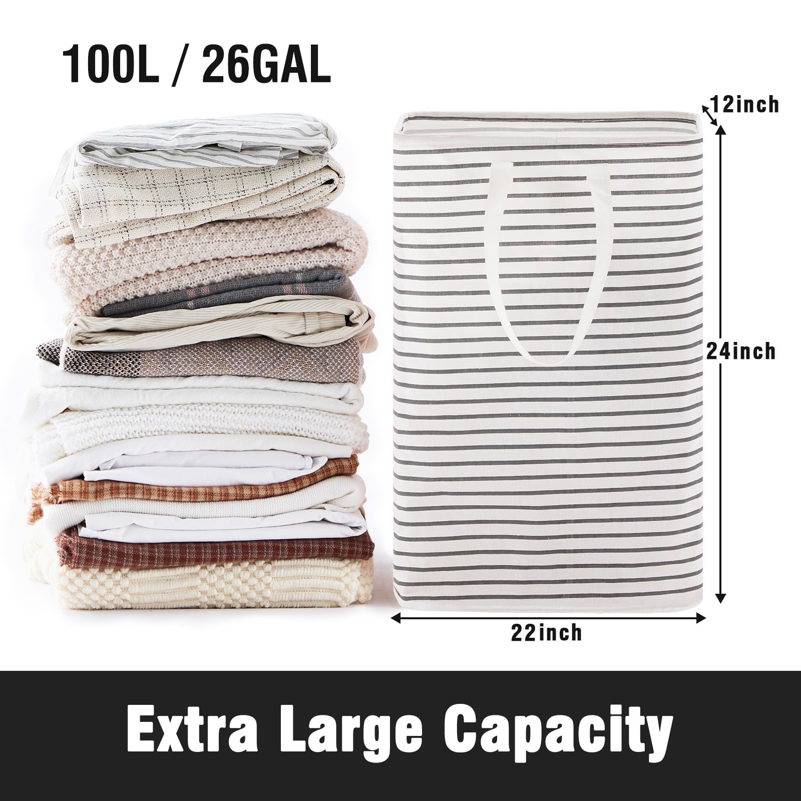 100L Large Collapsible Laundry Basket, Freestanding Clothes Hamper With Easy Carry Long Handles, Waterproof Washing Bag For Bedr