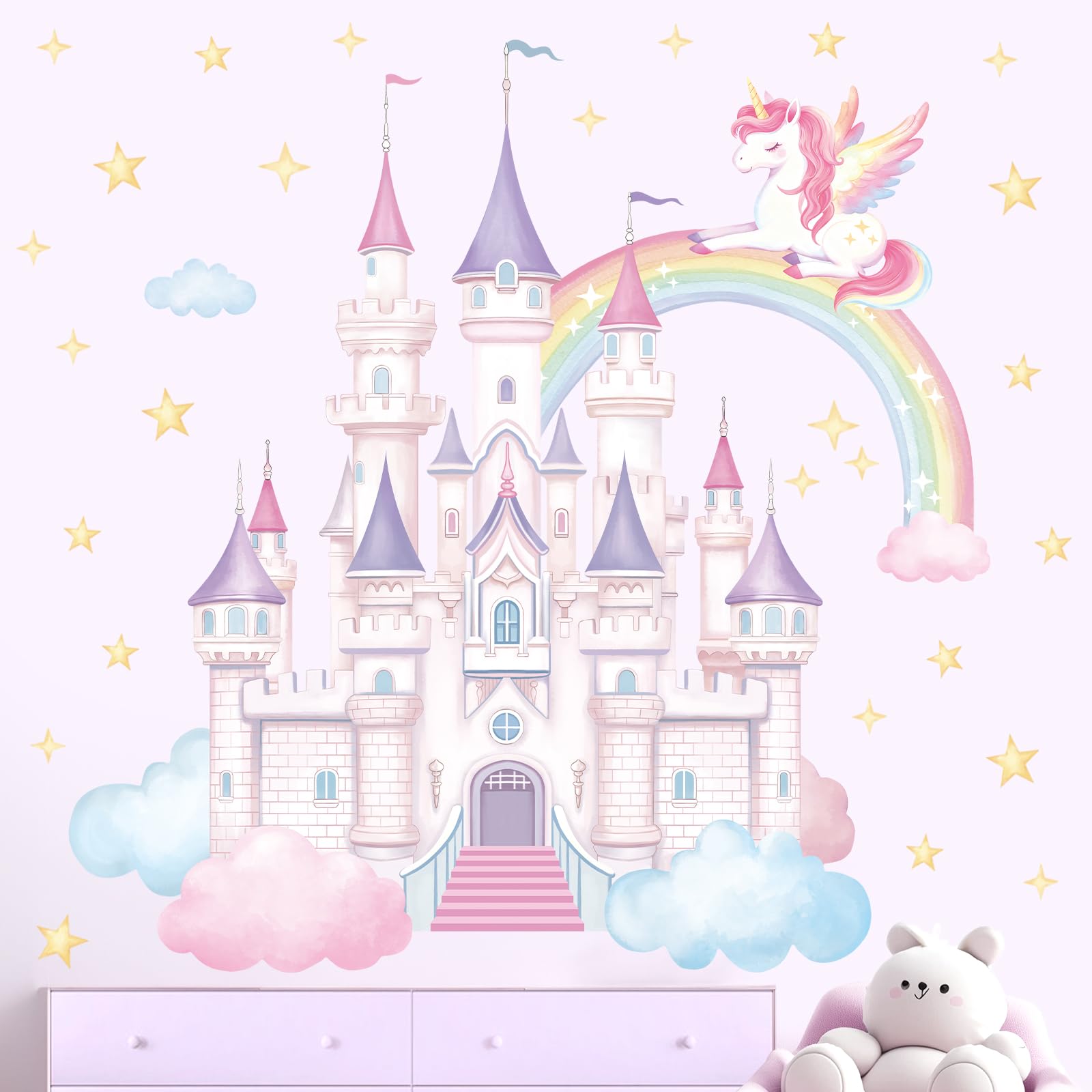 SHUCHING Castle Wall Decal Peel and Stick, Vinyl Unicorn and Rainbow Wall Sticker, Wall Decor for Girls Bedroom Nursery Playroom