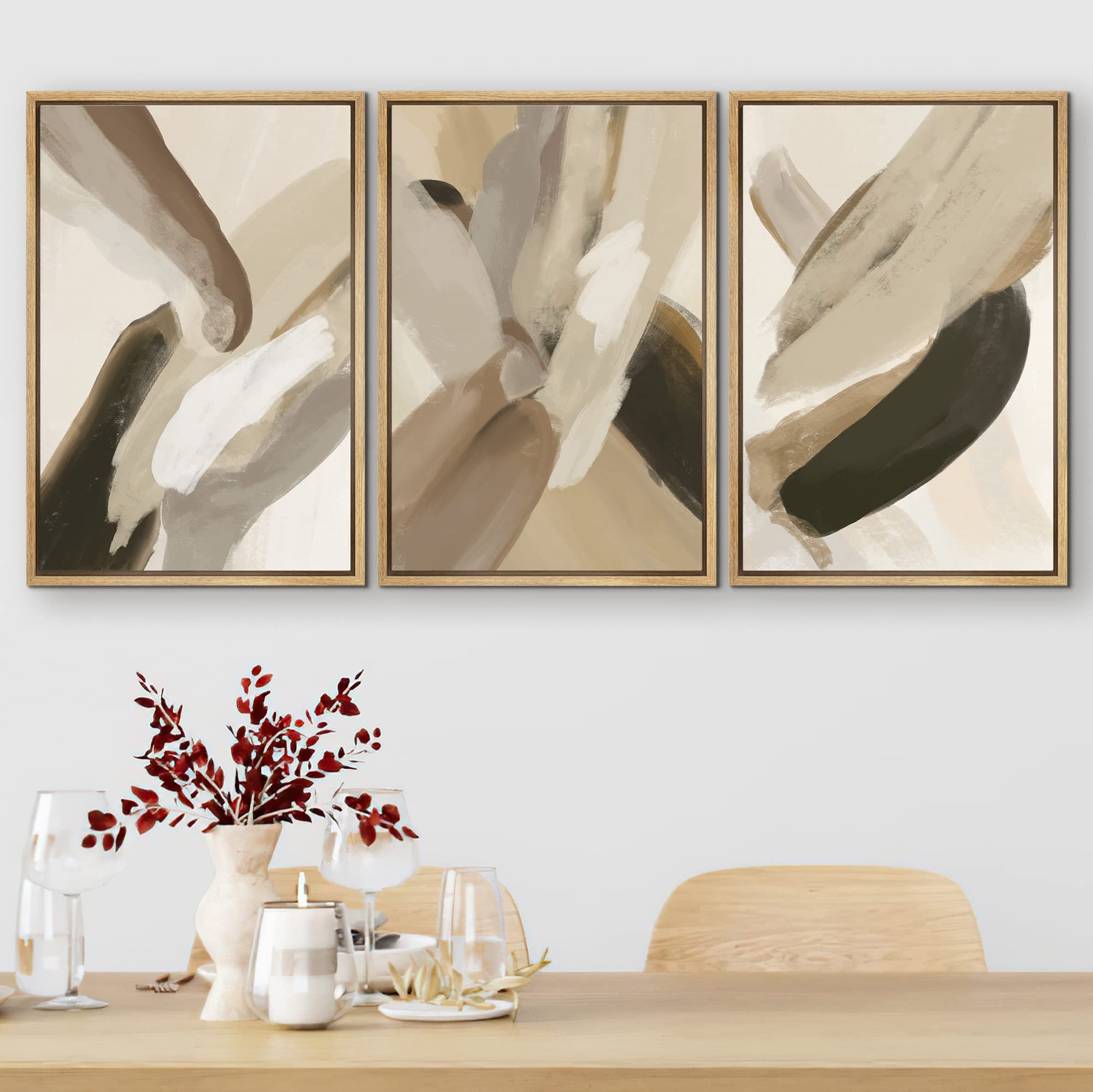 Signford Framed Canvas Print Wall Art Set Multicolor Tan Black Pastel Paint Strokes Abstract Shapes Digital Art Modern Art Boho