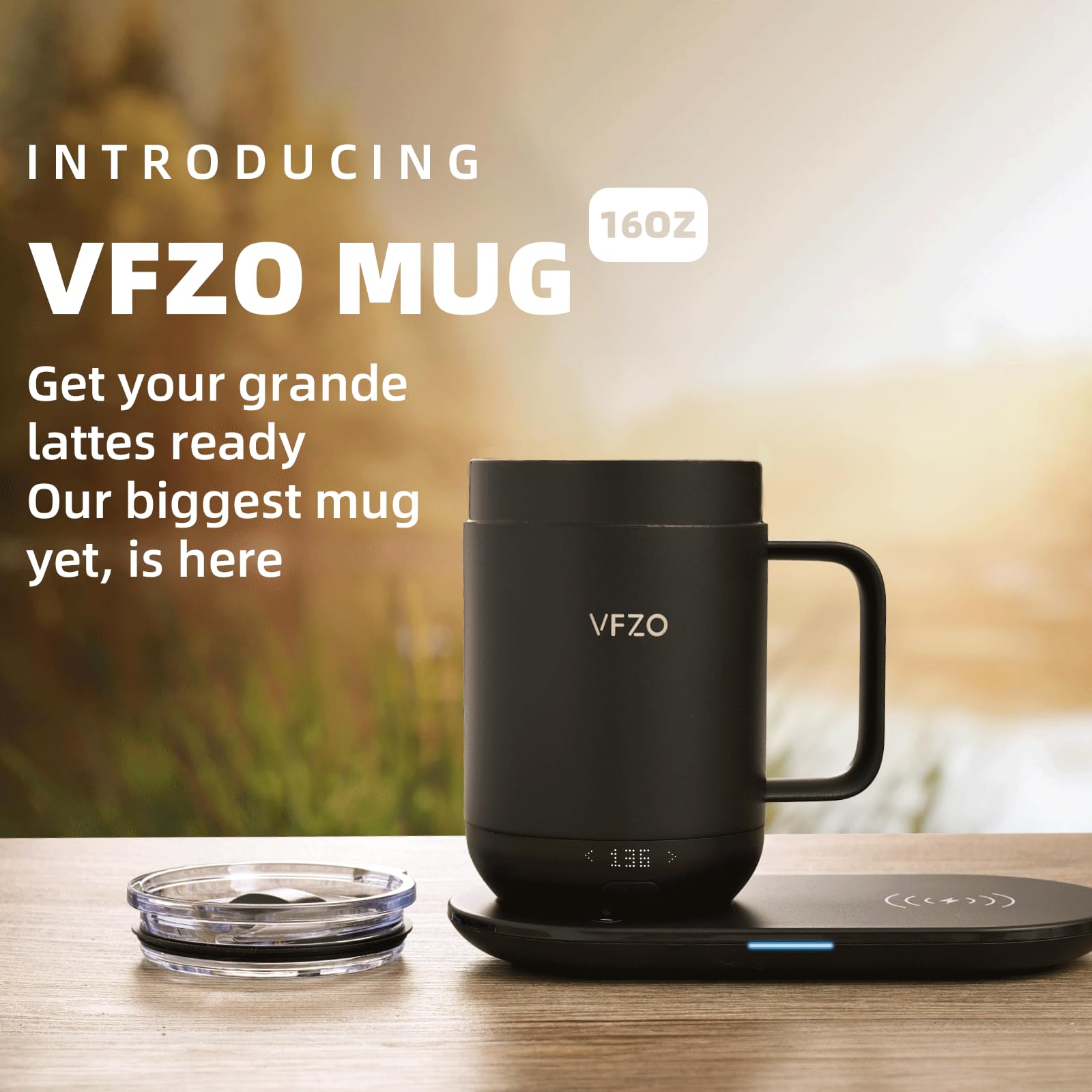 VFZO Smart Mug 16Oz Self-Heating Coffee Mug with LED Display, Black, Stainless Steel, Model M2, 180 Min Battery Life