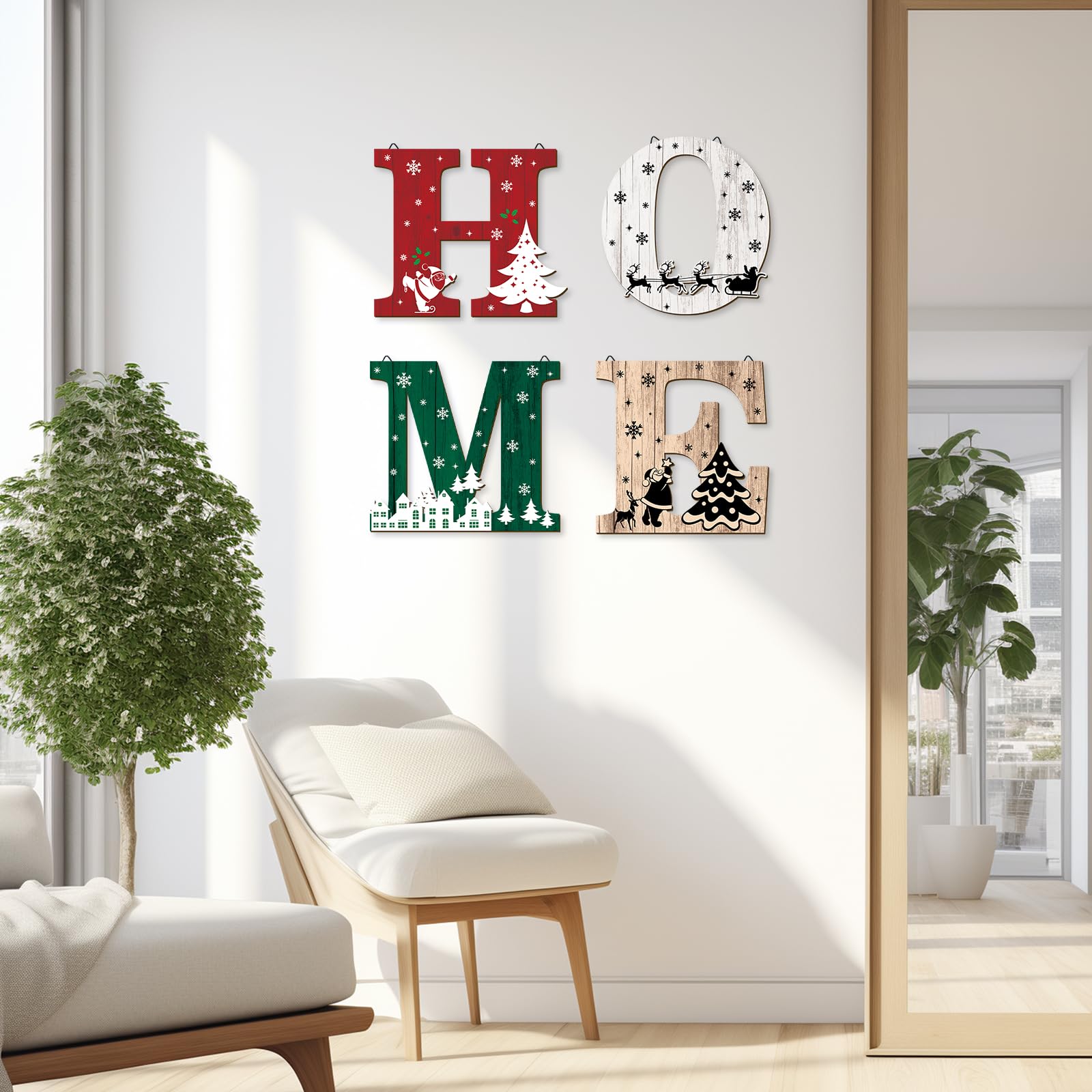 4 Pcs Wood Home Christmas Wall Decor - Red and Black Buffalo Plaid Rustic Sign for Living Room Kitchen Bedroom - Hanging Letters