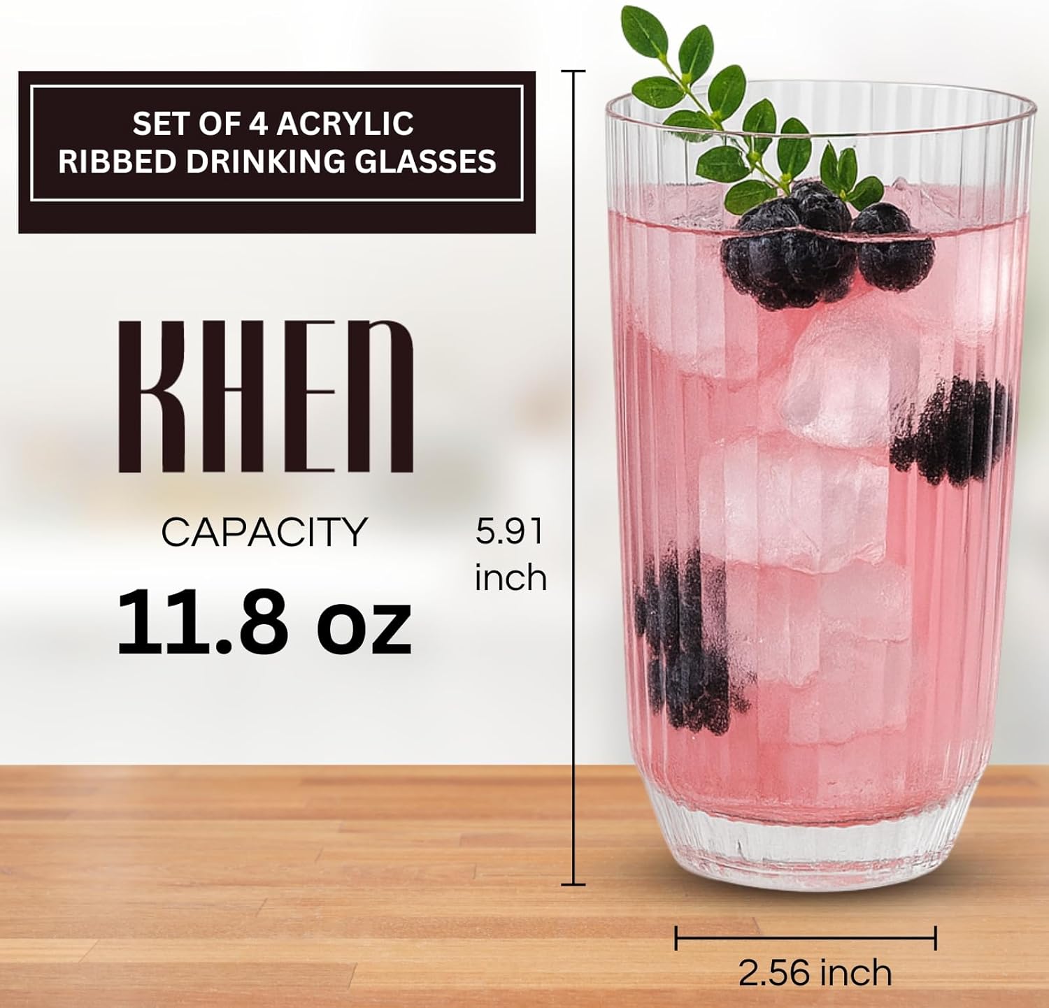 Khen Shatterproof Ribbed Drinking Glasses – Set of 4 Clear 12oz