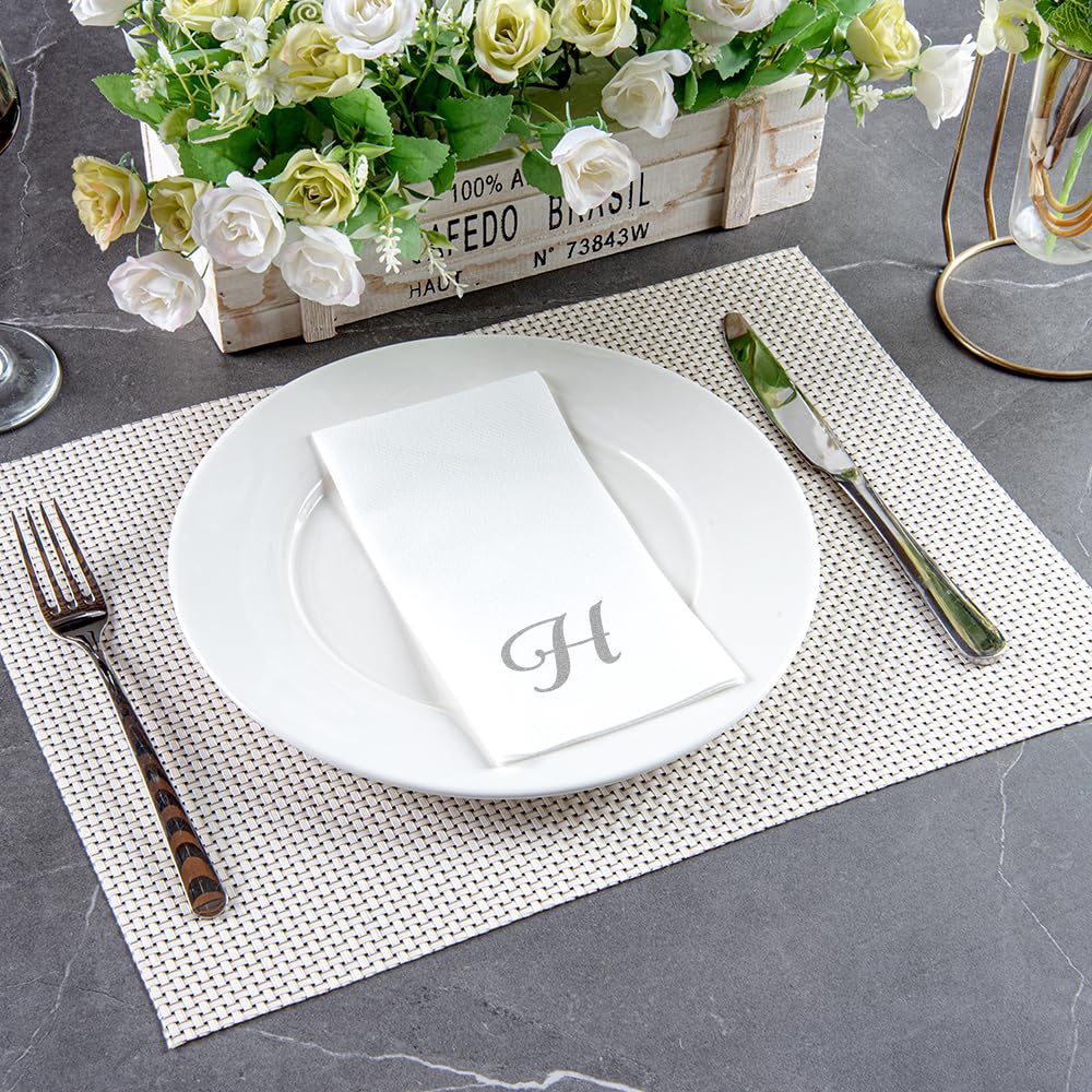 Luxenap 15.8 X 7.9 Inch Linen-Feel Guest Towels, 2000 Lettered Hand Towels - Silver Letter 'H', Cursive Font, White Paper Dinner