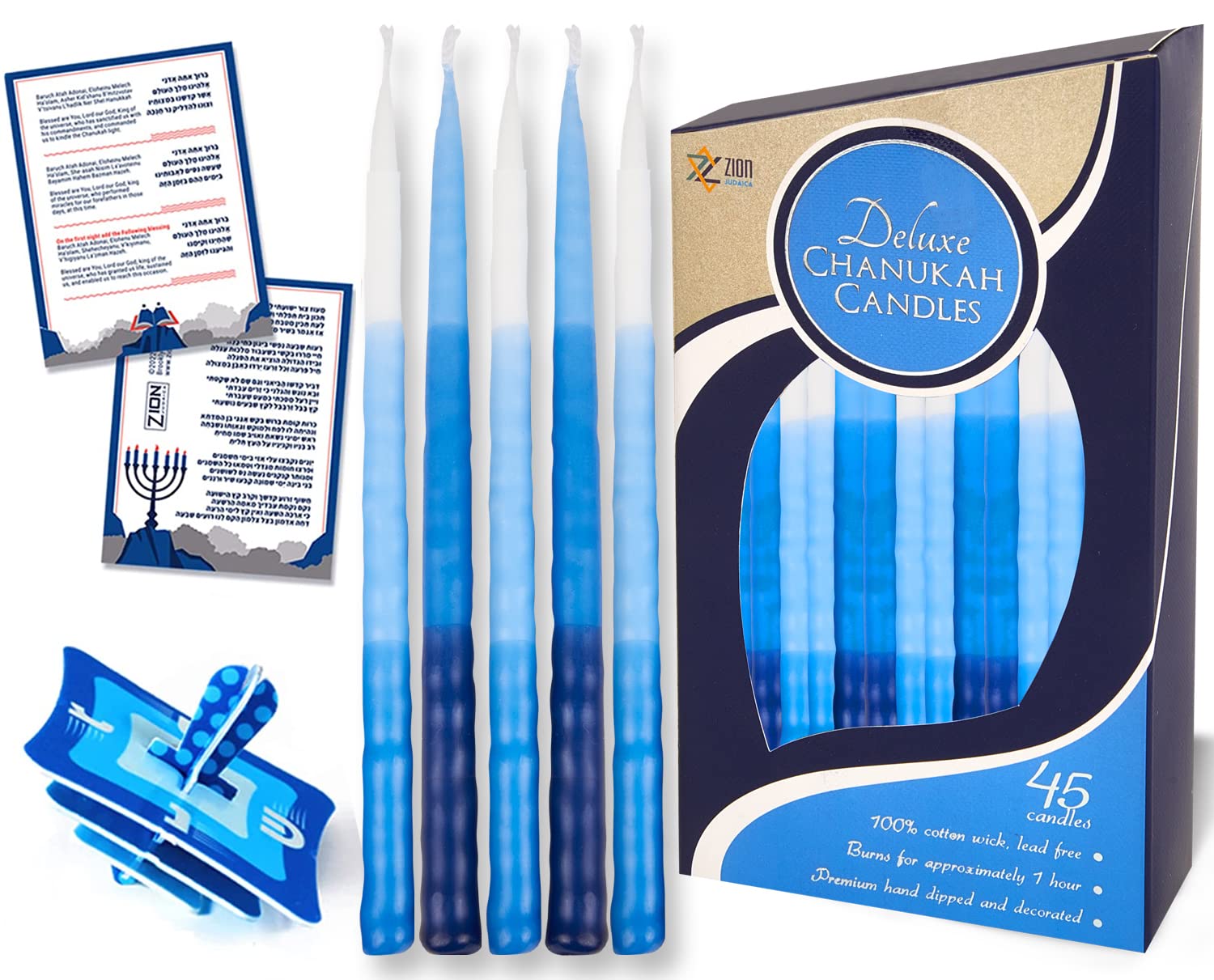Hanukkah Candles for Menorah Box of 45 Tri-Color Blue Tapered Ribbed Style Quality Wax with Prayer Card & DIY Dreidel - Fits Sta