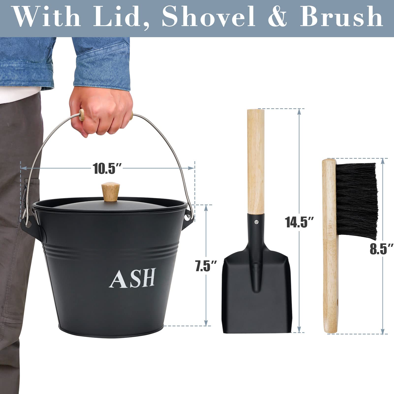 Mini Ash Bucket With Lid, Shovel And Broom, 1.5 Gallon Fireplace Metal Bucket With Lid, Charcoal Bucket And Ash Can For Fireplac
