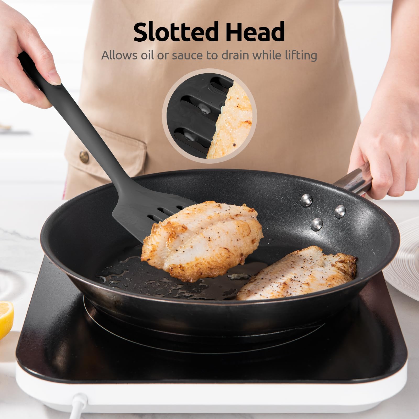 600F Heat Resistant Slotted Turner: U-Taste 13.6In Silicone Kitchen Spatula Flipper, 3.74In Wide Food Grade Flexible Thin Rubber