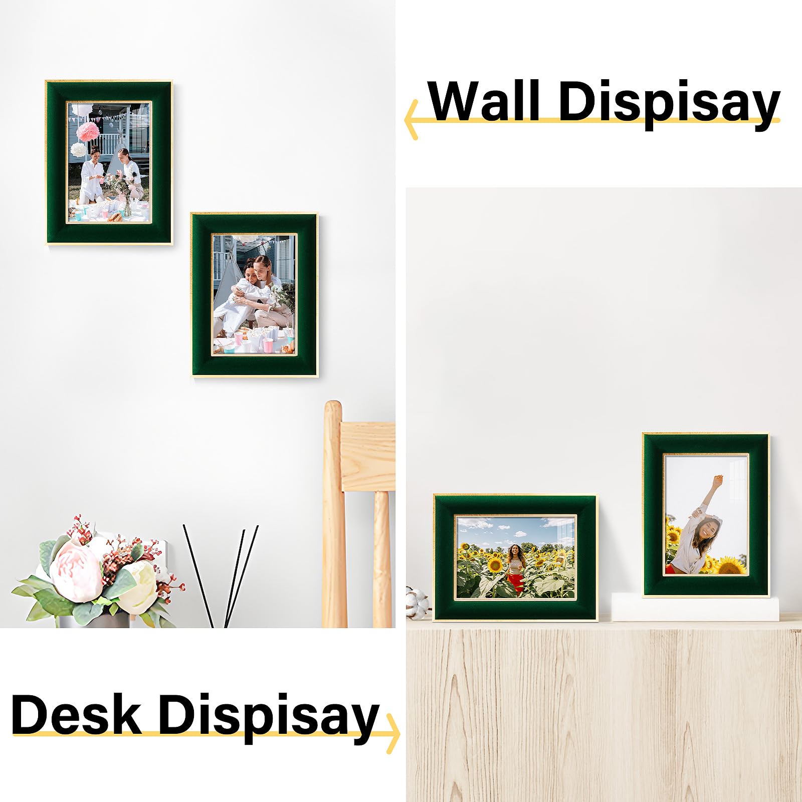 KSROECUD 5x7 Velvet Picture Frame, Green Photo Frames with Modern Simple Metallic Gold Border, HD Real Glass Horizontal & Vertic