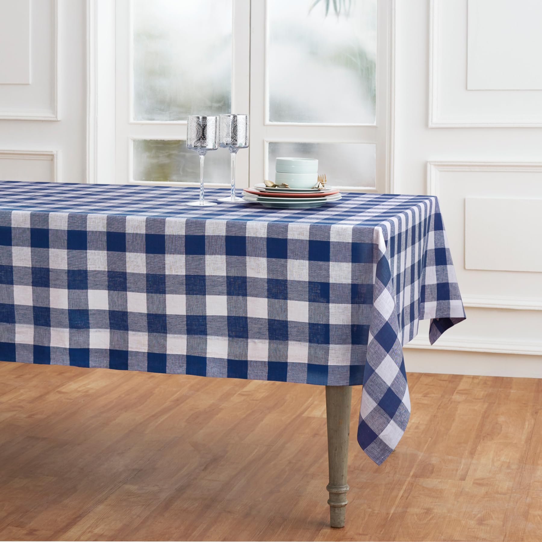 Solino Home Buffalo Check Linen Tablecloth 120'' L X 60'' W Inch - 100% Pure Linen Blue And White Table Cloth For Rectangle Tabl