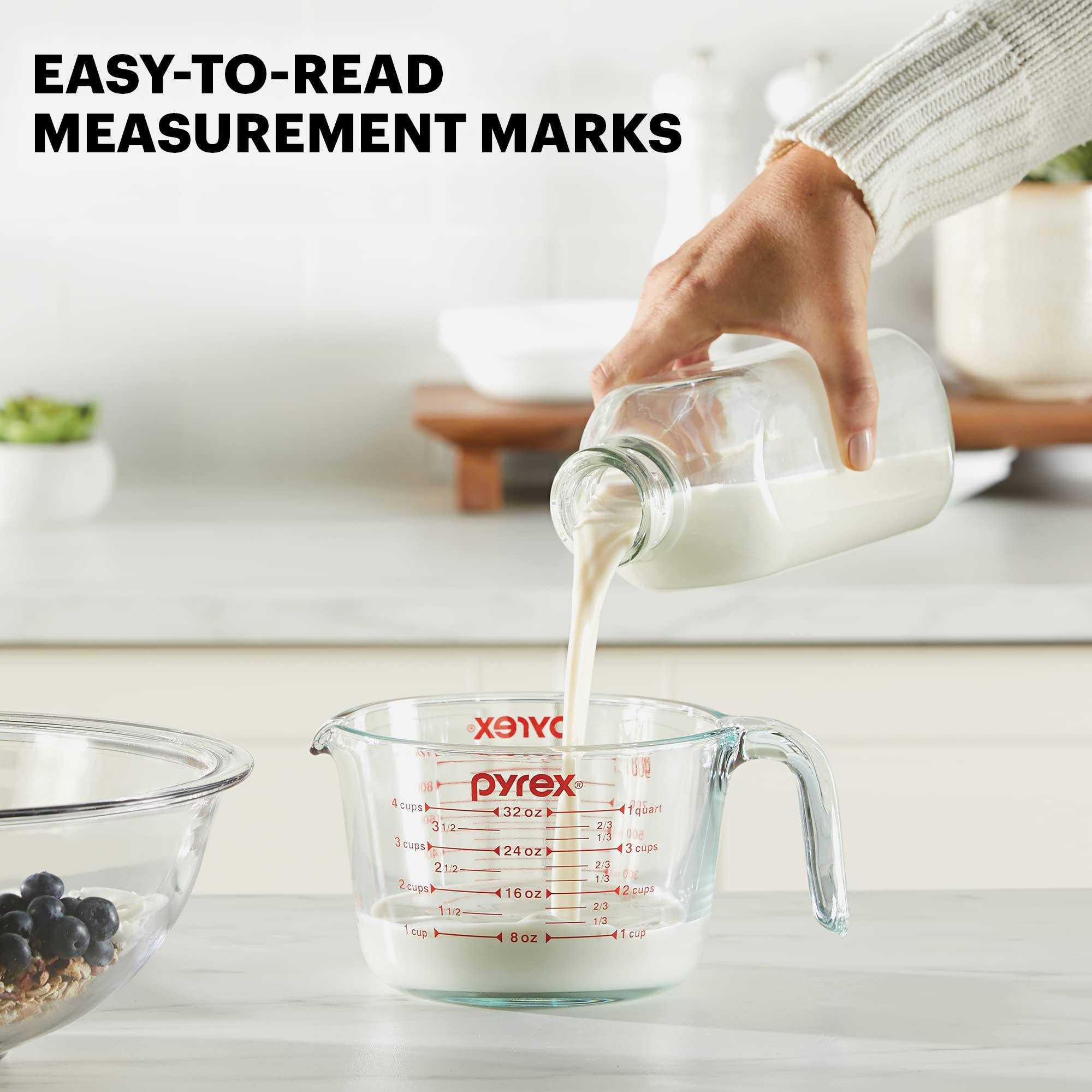 Pyrex 4-Cup Glass Measuring Cup For Baking And Cooking, Dishwasher, Freezer, Microwave, And Preheated Oven Safe, Essential Kitch