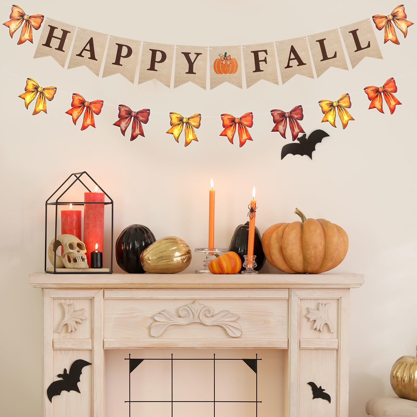 Oudain 2 Pack Happy Fall Burlap Banner with Bows Garland 6.56 ft Fall Banner Decor for Fireplace Autumn Bow Garland Paper Hangin