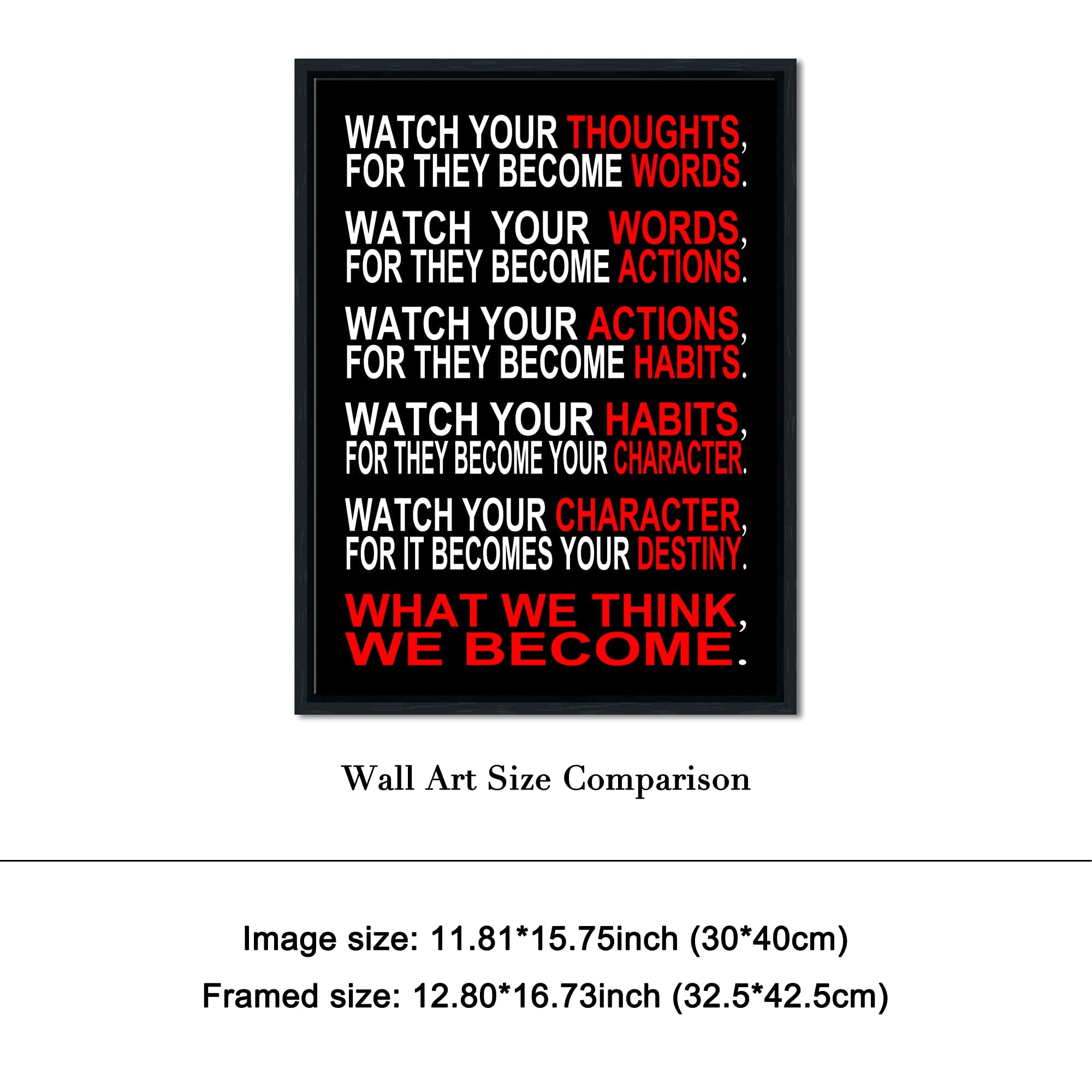 Pyradecor Black Framed Ready to Hang Watch Your Thoughts Motivational Classroom Poster Modern Canvas Prints Wall Art Paintings Pictures Artwork for Office Living Room Home Decorations