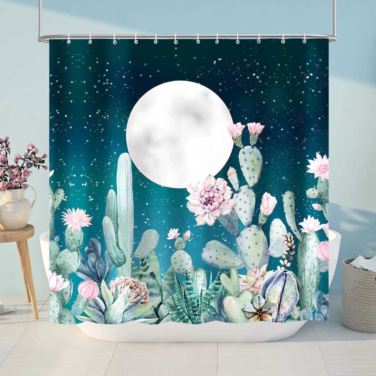 Lokigo Dark Green Shower Curtain, Green Teal Cactus Shower Curtain, Green Plant Moon Star Shower Curtain, Waterproof Fabric Show