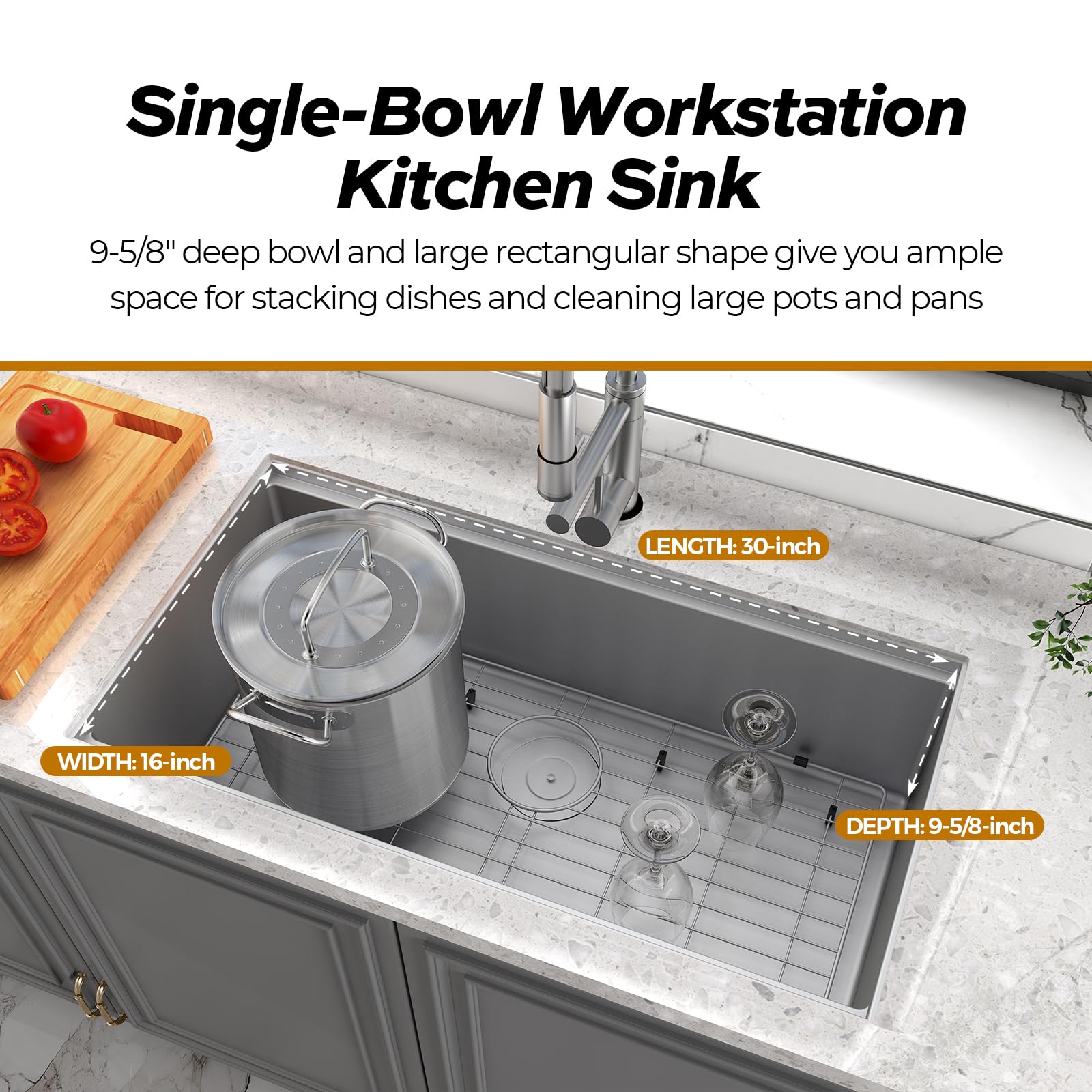 32 Inch Workstation Kitchen Sink, Tecasa Undermount Deep Single Bowl, Stainless Steel With Integrated Ledge And Accessories (Pac